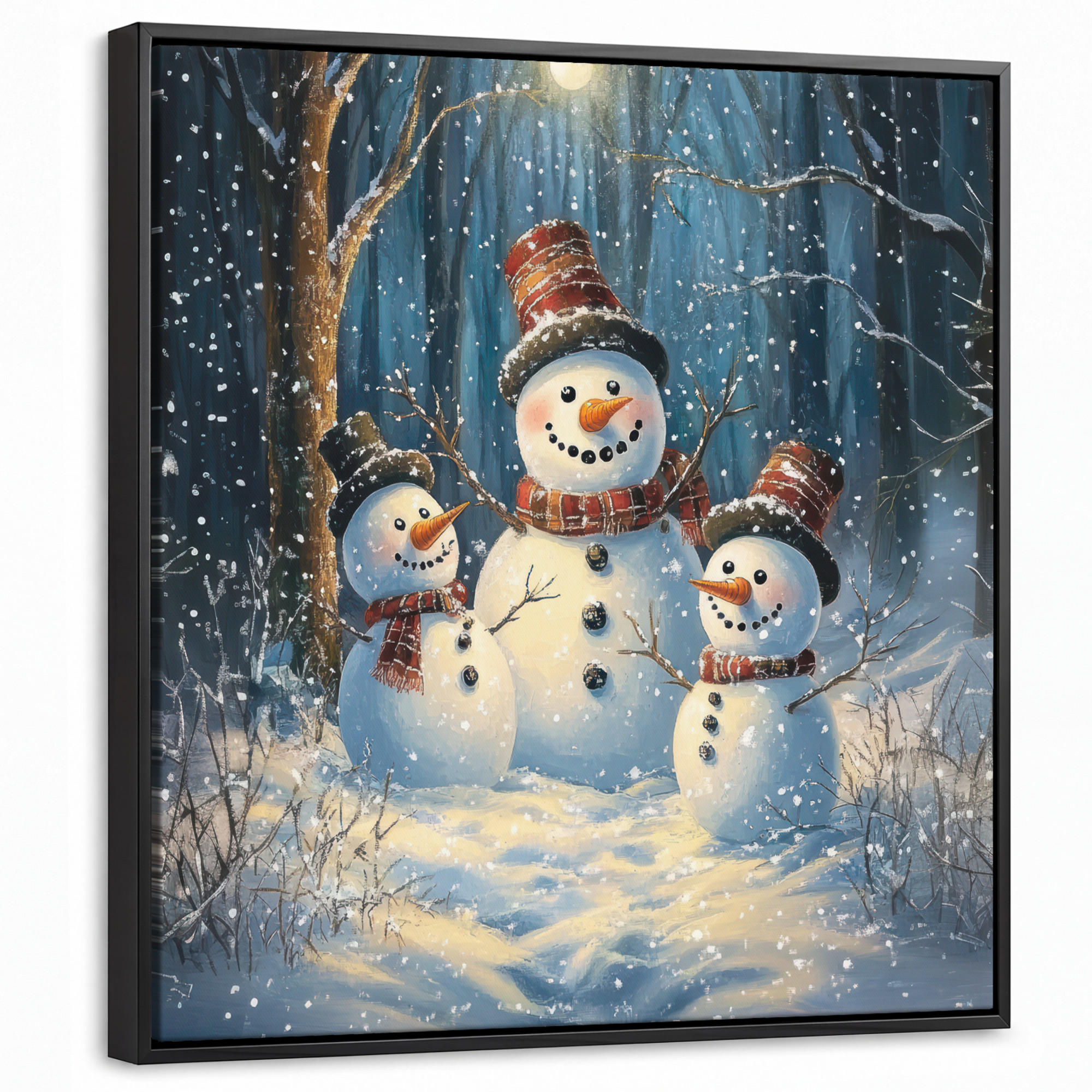 LEINWAND Bilder mit Rahmen - Schneemann - Schnee - Winter - Wald - 50x50 - Hellblau, Textil (50/50cm) - MuchoWow