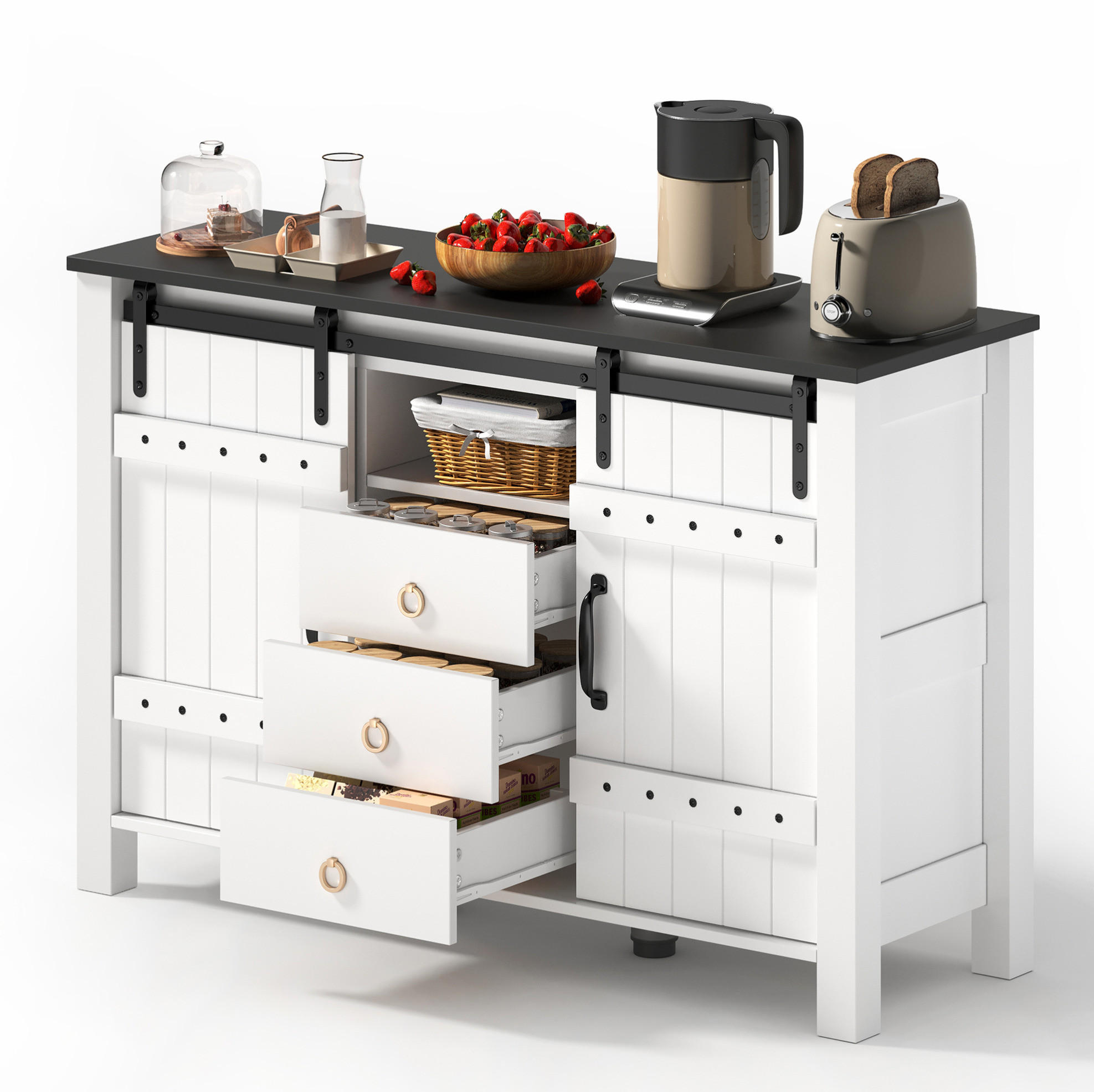 SIDEBOARD 120/40/80 cm mit 2 Schiebetüren & 3 Schubladen in Weiß - Weiß, Holzwerkstoff (120/80/40cm) - BEAOK