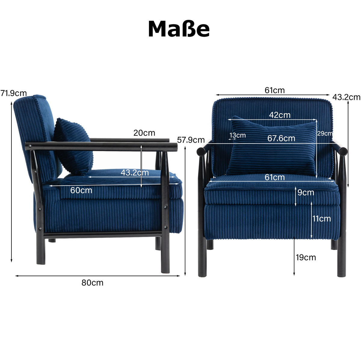 SESSEL Samt Blau mit Lendenkissen und Ablage - Blau, Holzwerkstoff/Textil (93/73/66cm) - WISHDOR