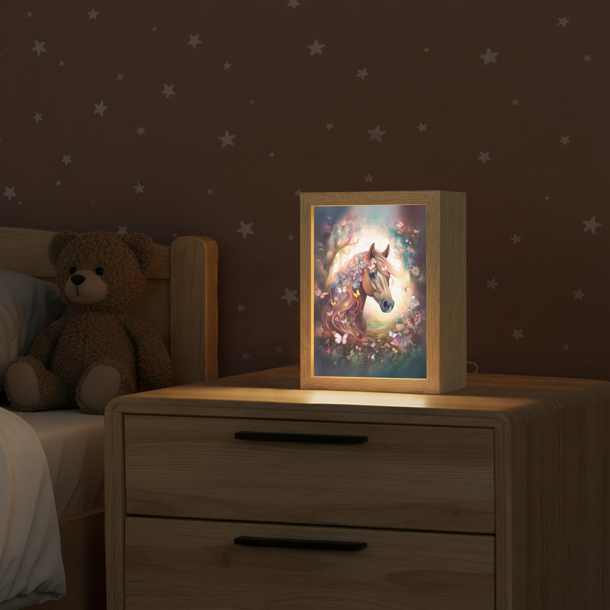 NACHTTISCHLAMPE Pferd - Natur - Blumen - Schmetterlinge - Wald 15x20 cm - Dunkelbraun, Holzwerkstoff (8/15/20cm)