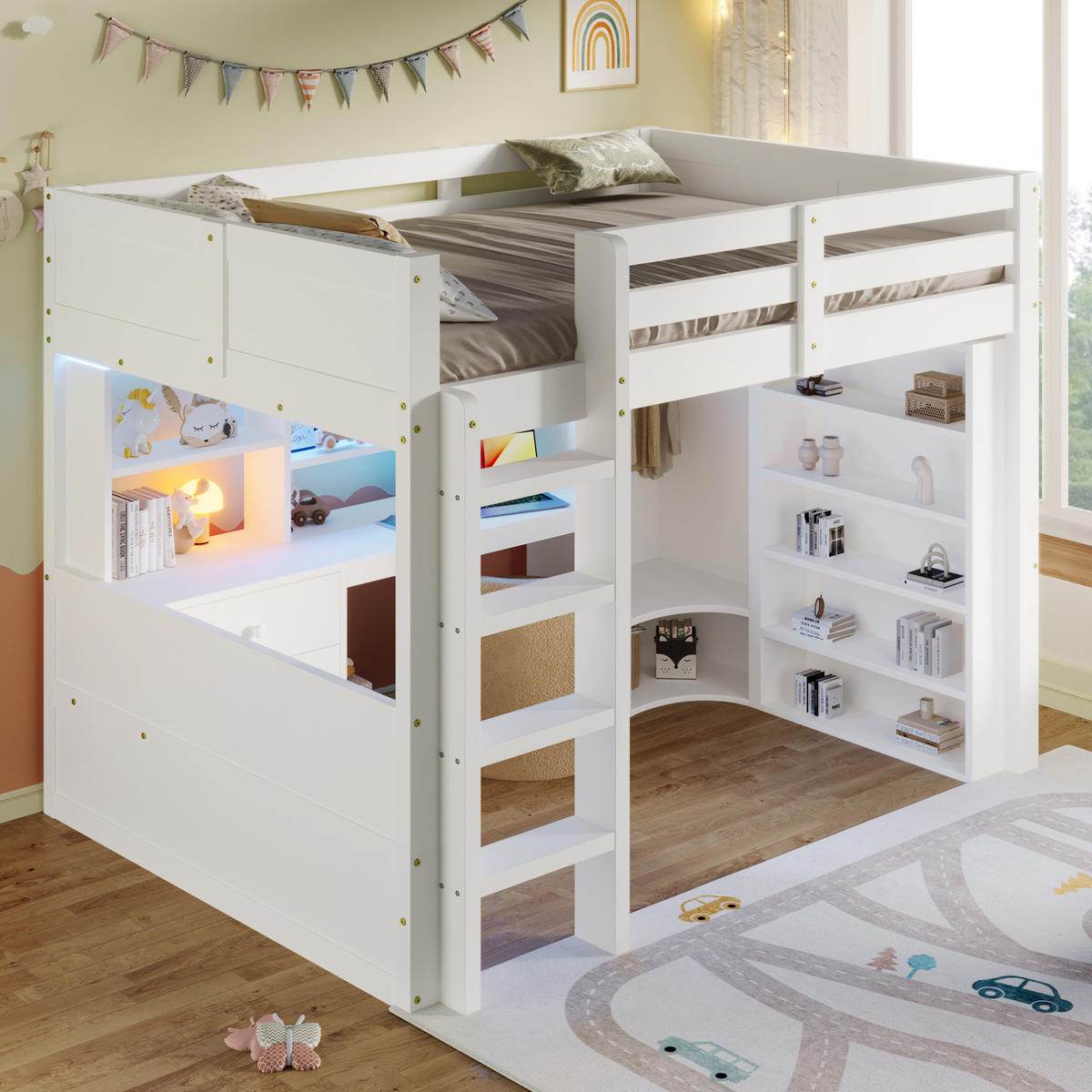 HOCHBETT 140/200 cm in Weiß mit Schreibtisch, Kleiderschrank und Stauraum - Weiß, Holzwerkstoff (140/200cm) - BEAOK