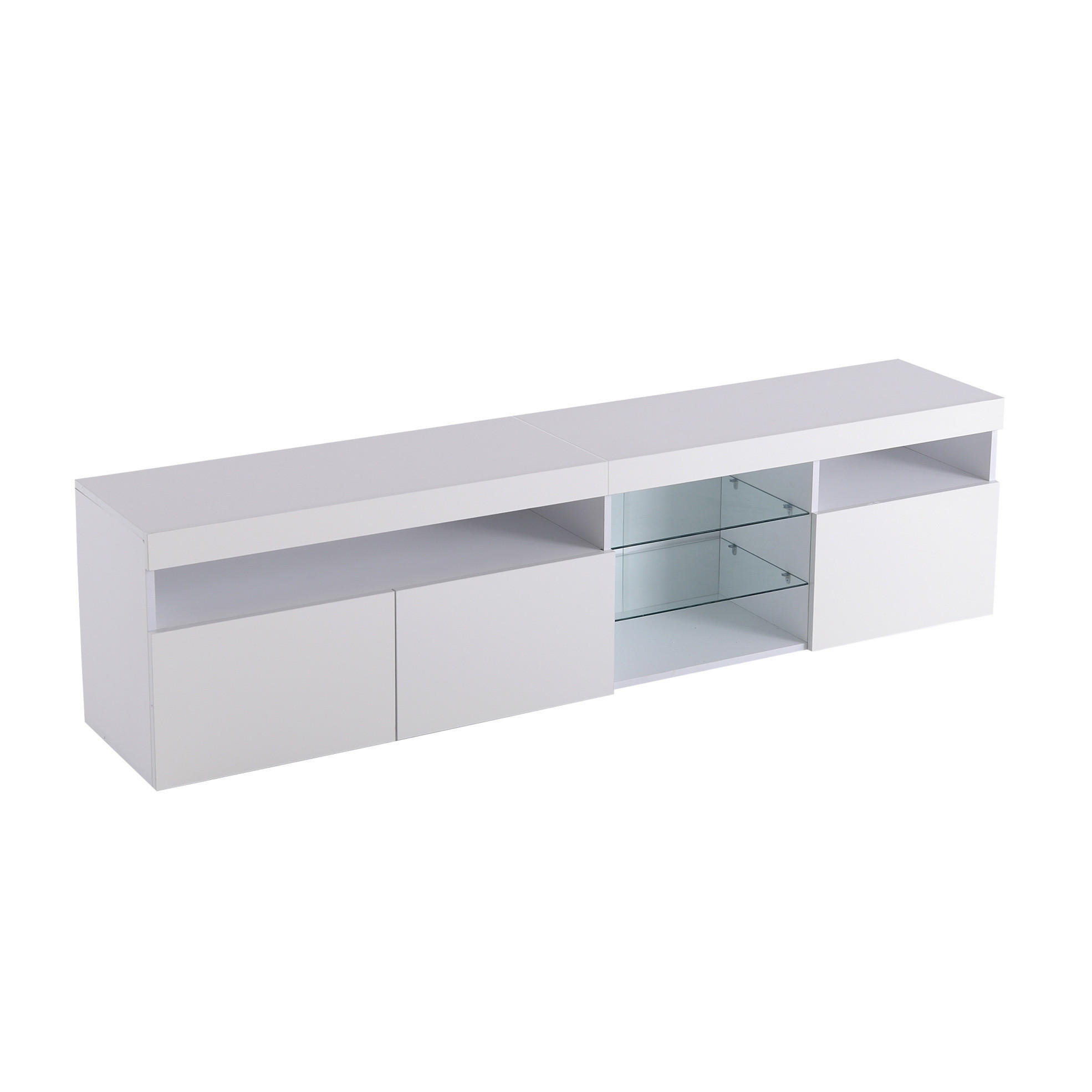 Modfu TV stolek z MDF 180x35x48 cm bílý s LED osvětlením, 3 dvířky a vysokým leskem