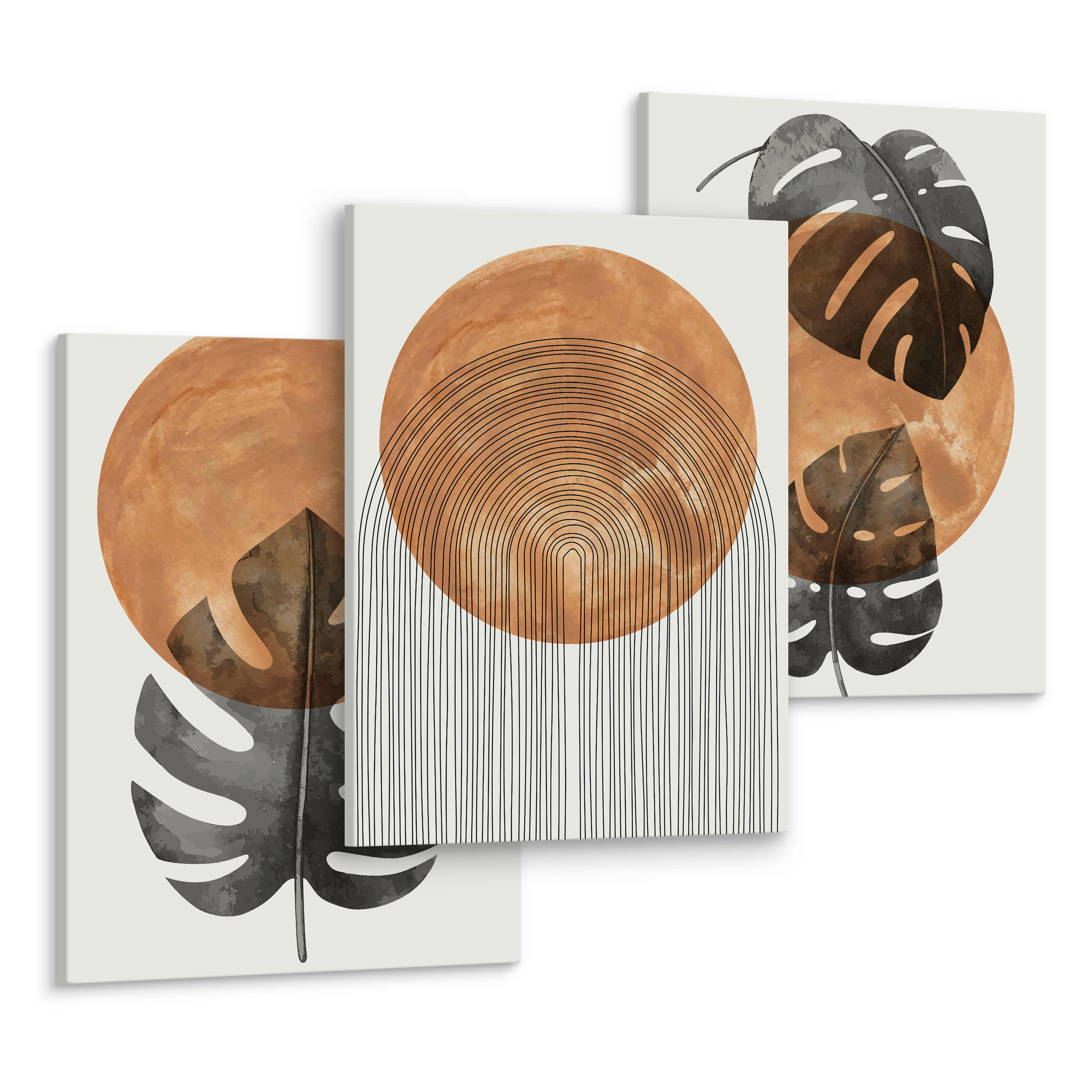 LEINWANDBILDER 3-es Set Blätter Kreise - Schwarz/Weiß, Textil (90/40cm) - Muralo