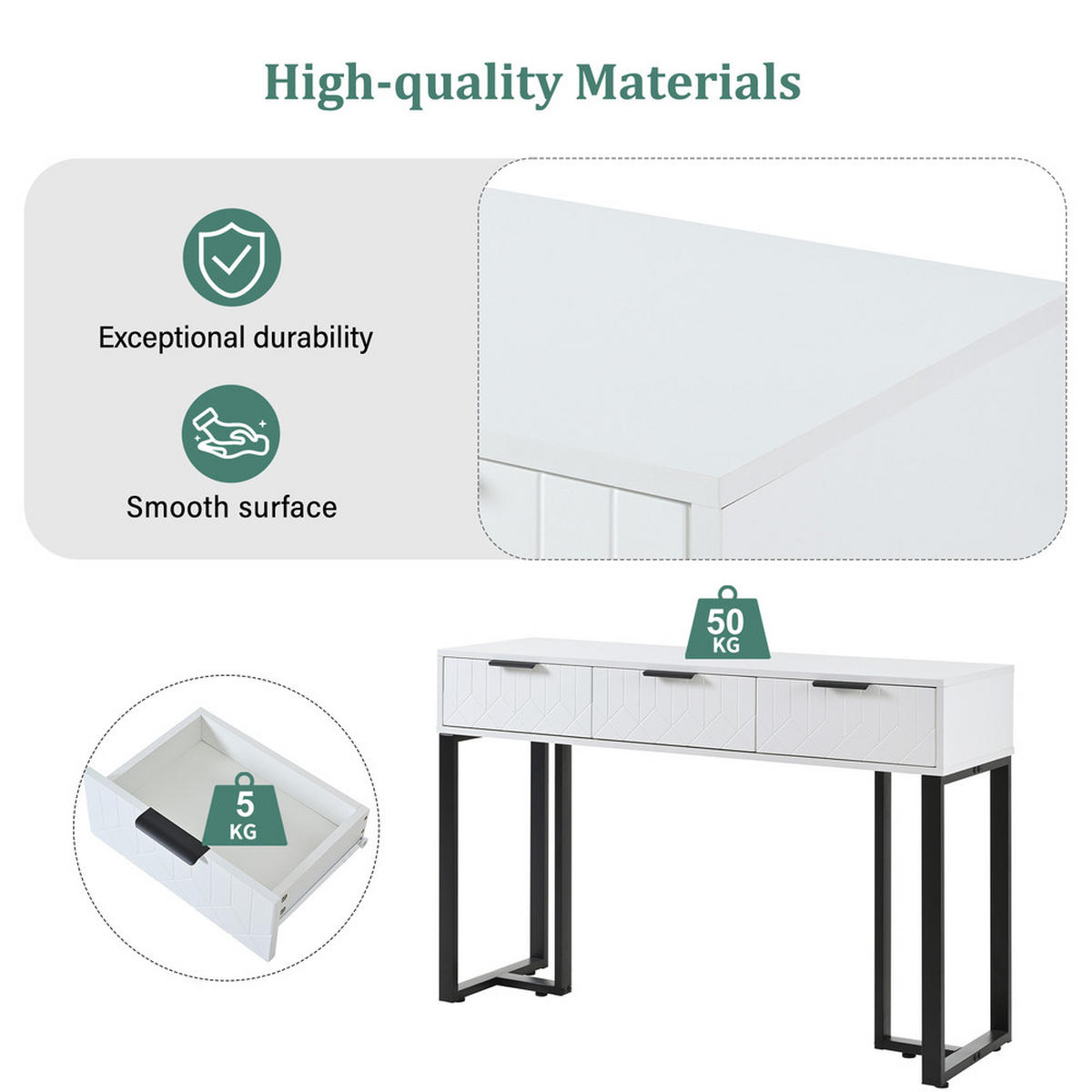 BEISTELLTISCH Weiß Schublade Gold Gestell Verstellbare Füße Schwarze Griffe - Weiß, Holz (132.08/44.45/16.51cm) - FLIEKS