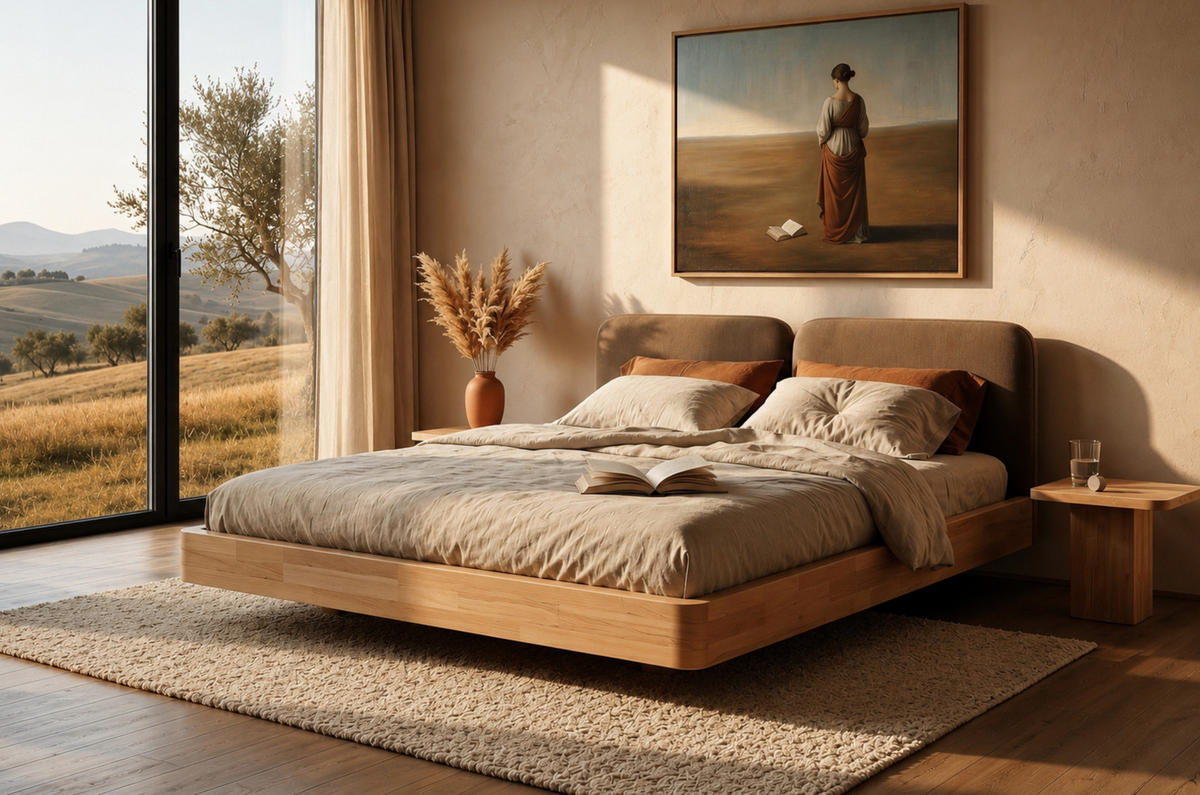 MASSIVHOLZBETT Eyko MAUI, 180/200, Buche - lackiert, Samt-Kopfteil Braun - Buchefarben/Braun, Holz/Textil (180/200cm)