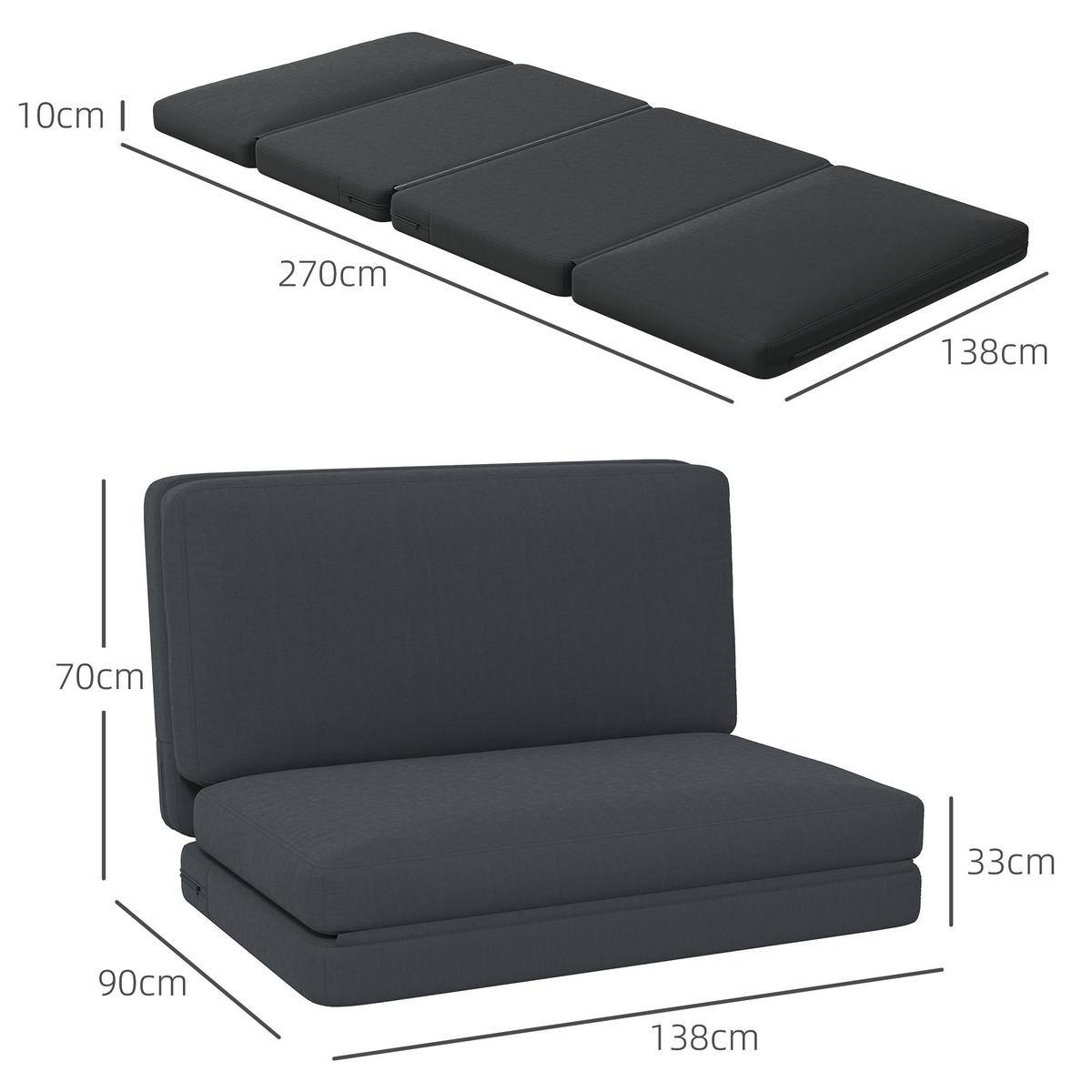 BODENSOFA 3-in-1 Klappbar Schlafsofa mit Samtoptik für Schlafzimmer, Wohnzimmer - Dunkelgrau, Textil (138/10/270cm) - HOMCOM