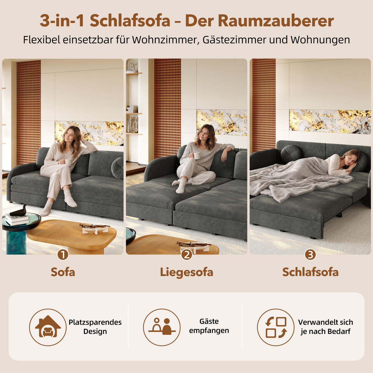 SCHLAFSOFA 3-in-1 ausziehbar 206 cm mit Stautaschen, DE-42862, Grau - Grau, Metall (205/89/84cm) - ComfortXL