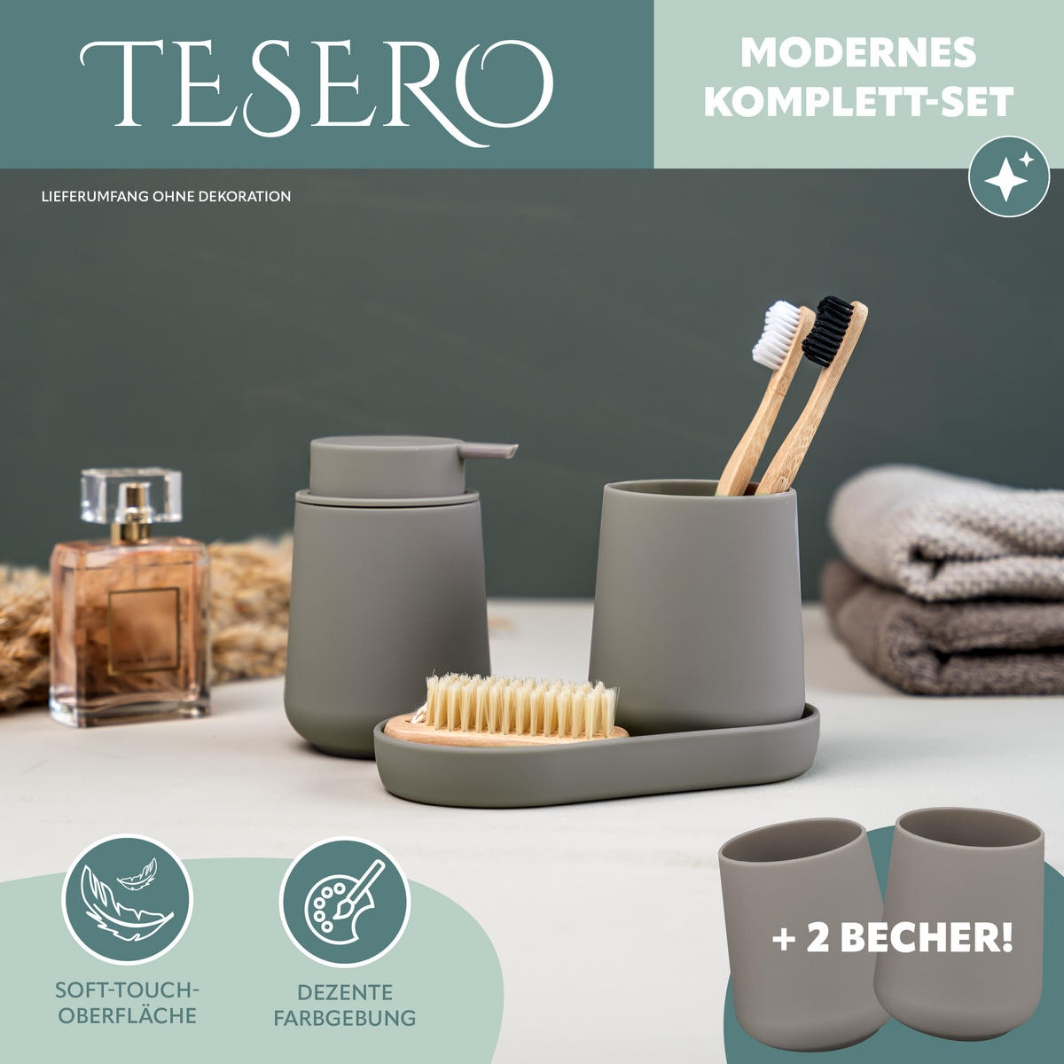 BAD-ACCESSOIRES-SET TESERO 5tlg., Soft-Touch, braun - Braun, Kunststoff (8.5/12/9cm) - eluno