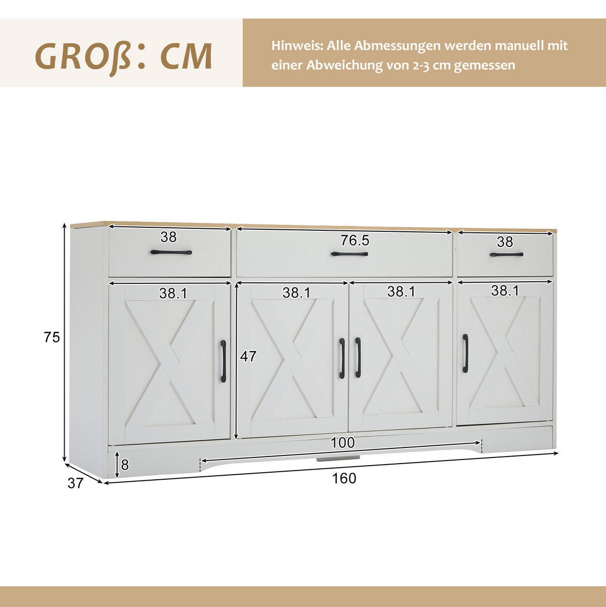 KOMODA od MDF-a 160x37x75 cm bijela s 3 ladice, 4 vrata i uskim dizajnom za odlaganje - bijela, drvni materijal (160/75/37cm) - Modfu