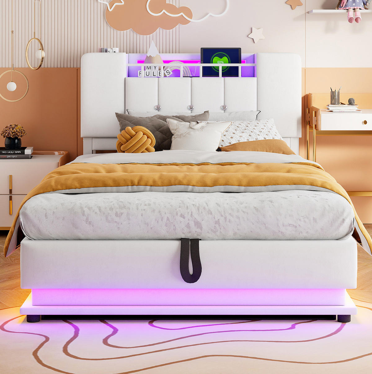 POLSTERBETT 90/200 cm Beige mit LED-Beleuchtung und Stauraum - Beige, Textil (90/200cm) - Flora Grace