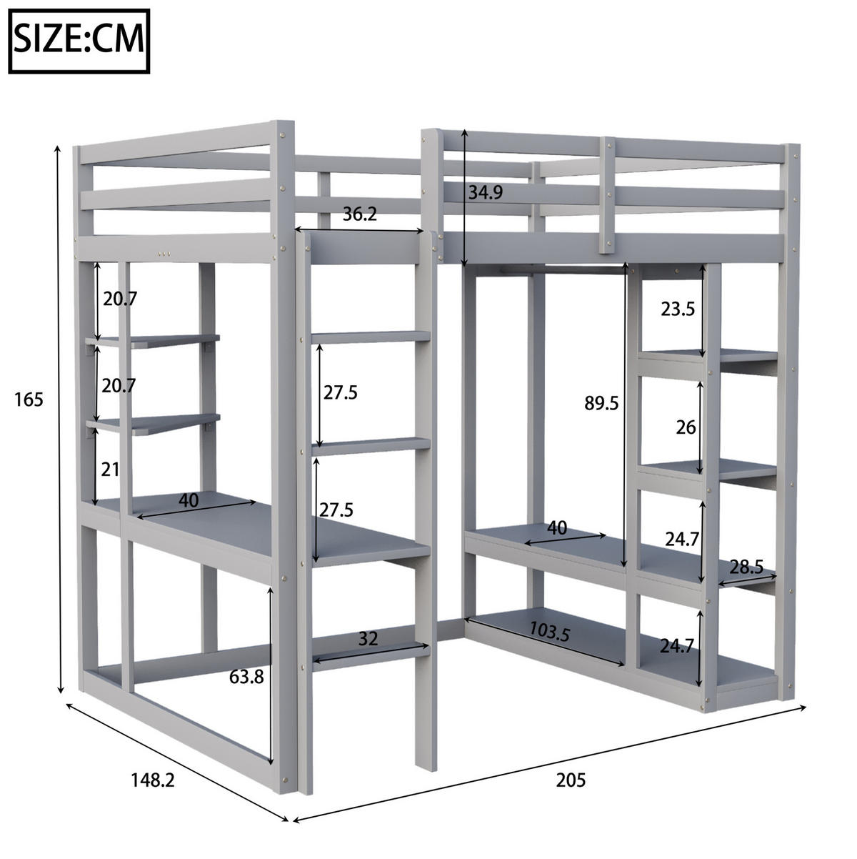 HOCHBETT 140/200 cm Grau mit Tisch und Regalen aus Massivholz mit Matratze - Grau, Holzwerkstoff (140/200cm) - OKWISH