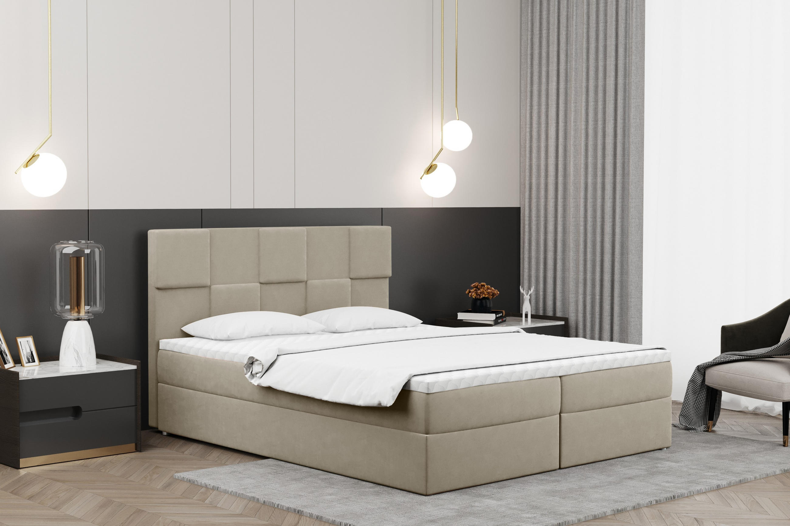 BOXBETT mit Bettkasten und Matratze CLARA Stoff Velvet Beige 180x200 cm H3-Bonell - Beige, Holz/Textil (180/200cm) - Kaiser Möbel