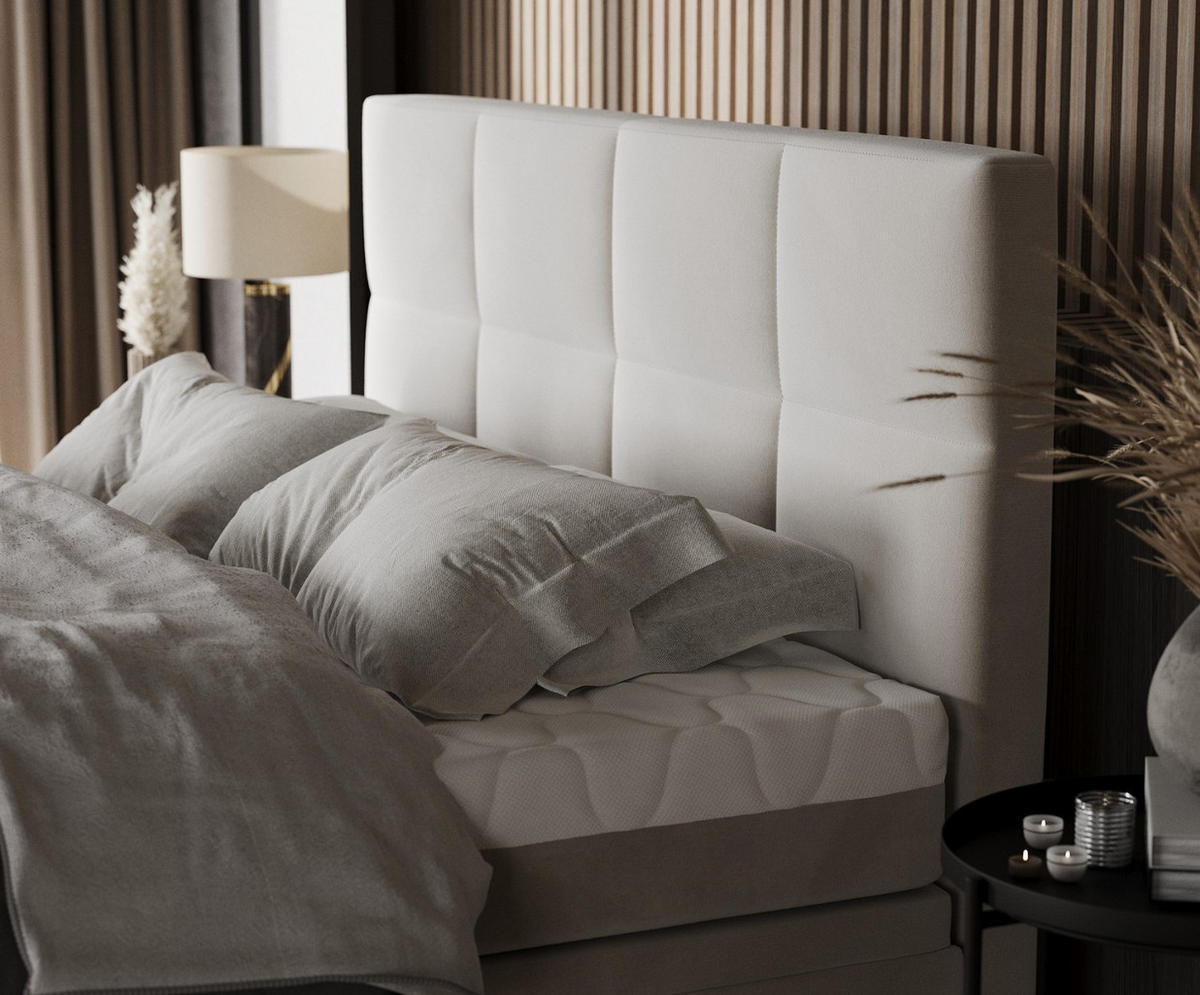 BOXBETT Tessa 140/200 cm Hellbeige im Paros Stoff - Beige/Schwarz, Holz/Holzwerkstoff (140/200cm) - AltaBeds