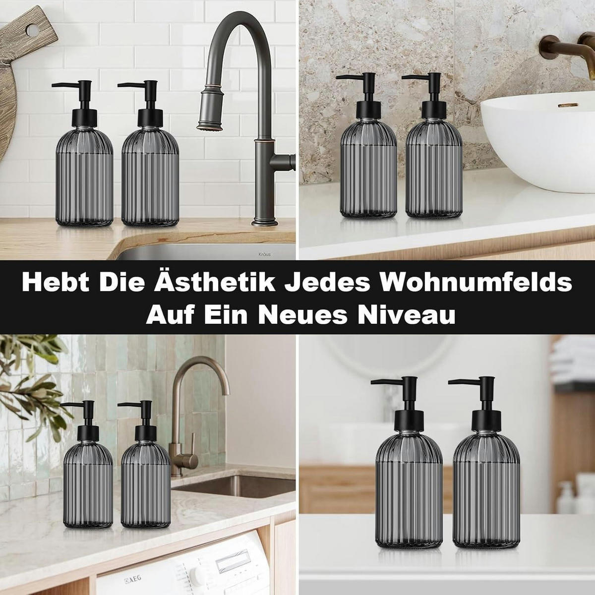 SEIFENSPENDER 2-teiliges Set Glas Schwarz Gestreift - Schwarz, Glas (7.6/19.1/7.6cm)
