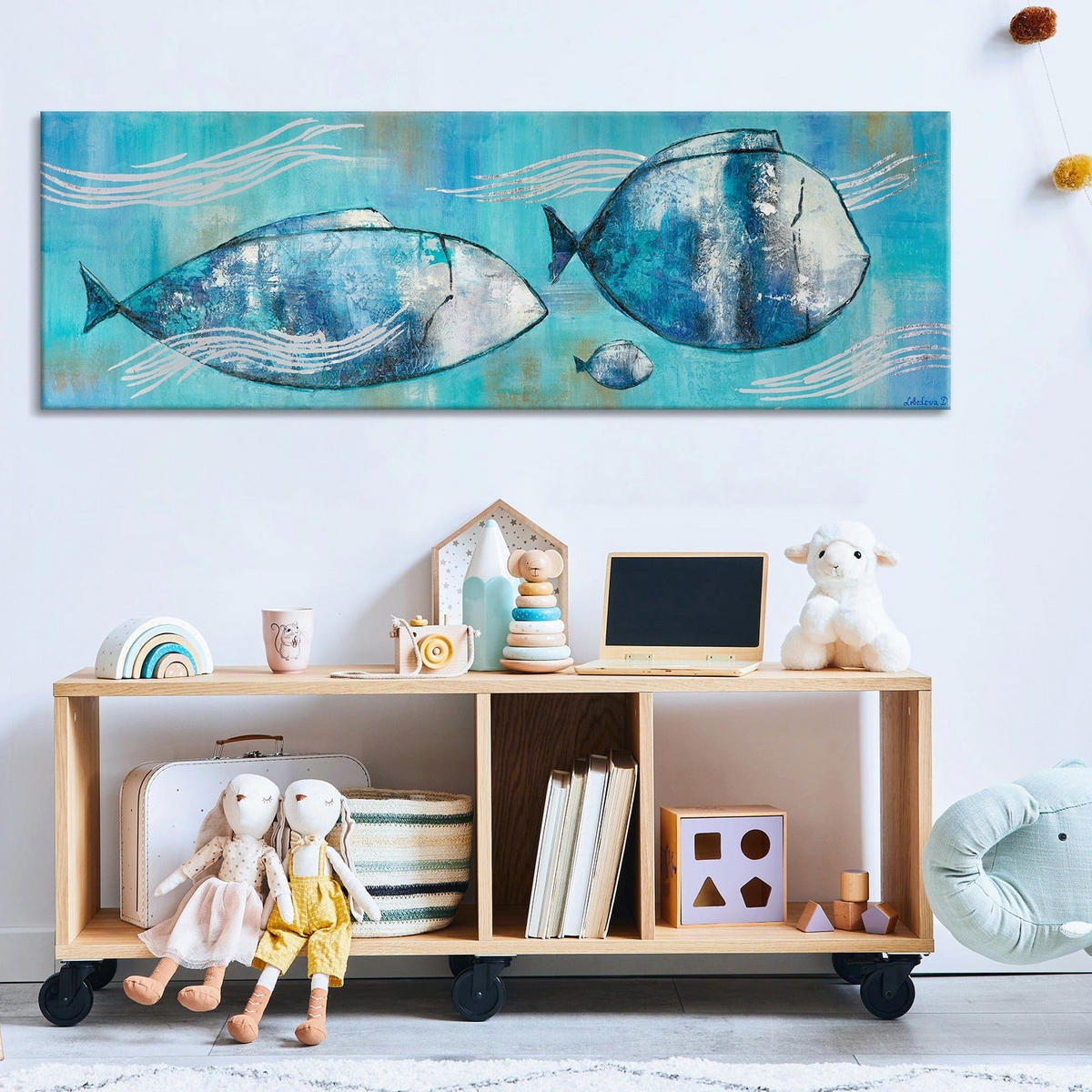 GEMÄLDE Reisende Fische auf Keilrahmen 150x50 cm - Blau, Holz (150/50cm) - YS-art gallery