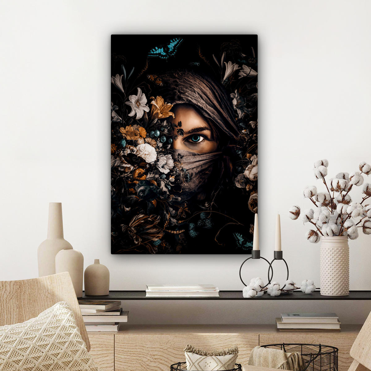 LEINWANDBILD Frau - Luxus - Blumen - Schmetterling - Porträt Wanddeko 40x60 cm - Schwarz, Textil (40/60cm) - MuchoWow