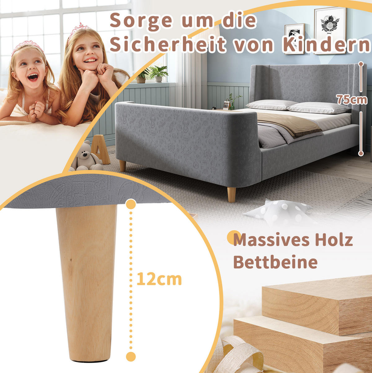 KINDERBETT 90/200 cm aus Samt mit gepolstertem Kopfteil im Weltraumdesign Grau - Grau, Textil (90/200cm) - Modenvie