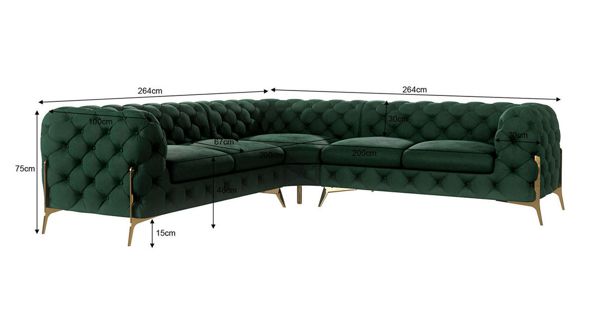 ECKSOFA Chesterfield Lexi Flasche Grün Samt - Smaragdgrün/Goldfarben, Holz/Textil (264/264cm) - S-Style Möbel