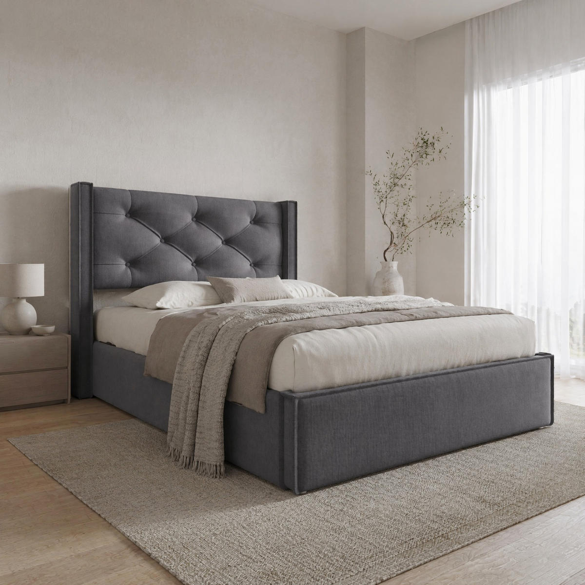 POLSTERBETT 90/200 mit Bettkasten und Lattenrost in Grau - Grau, Holzwerkstoff/Textil (90/200cm) - EVRYAE