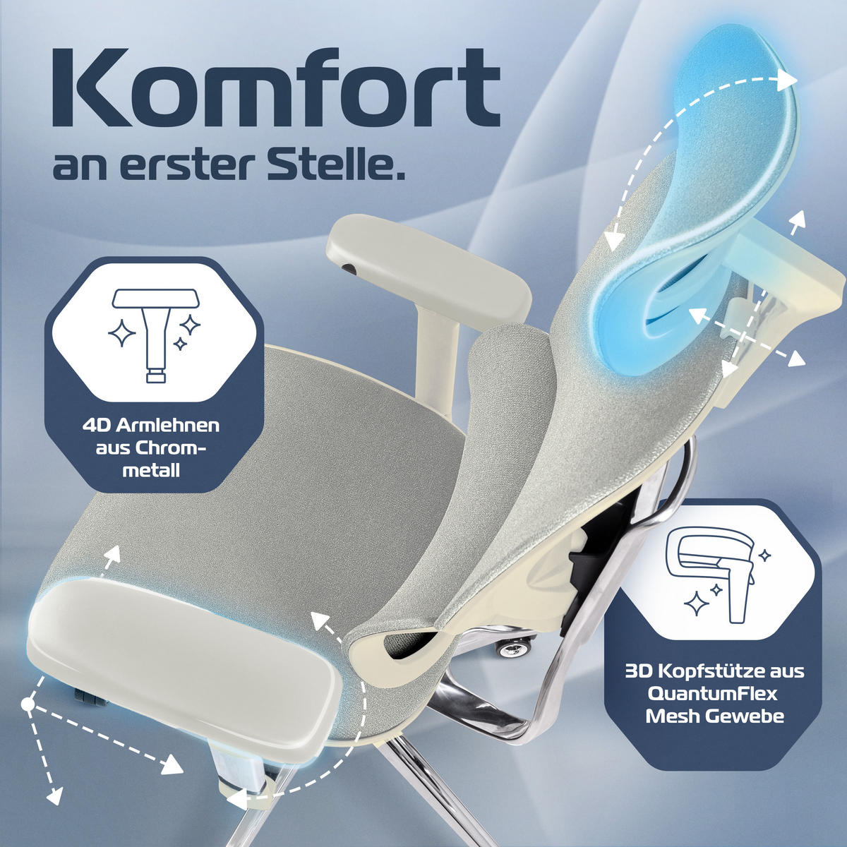 BÜROSTUHL MasterSeat Creme-Weiß - Beige/Silberfarben, Kunststoff/Textil (70/135/70cm) - Clouvou