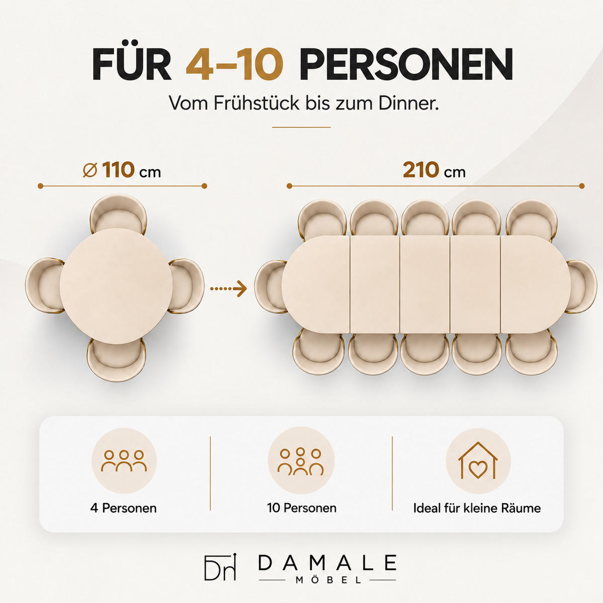 ESSTISCH rund ausziehbar 110-210/76 cm, Kaschmir, 54 cm Tischplatte + X Metallbeine Schwarz - Kaschmir/Schwarz, Holzwerkstoff/Metall (110/210/76cm) - Damale Möbel
