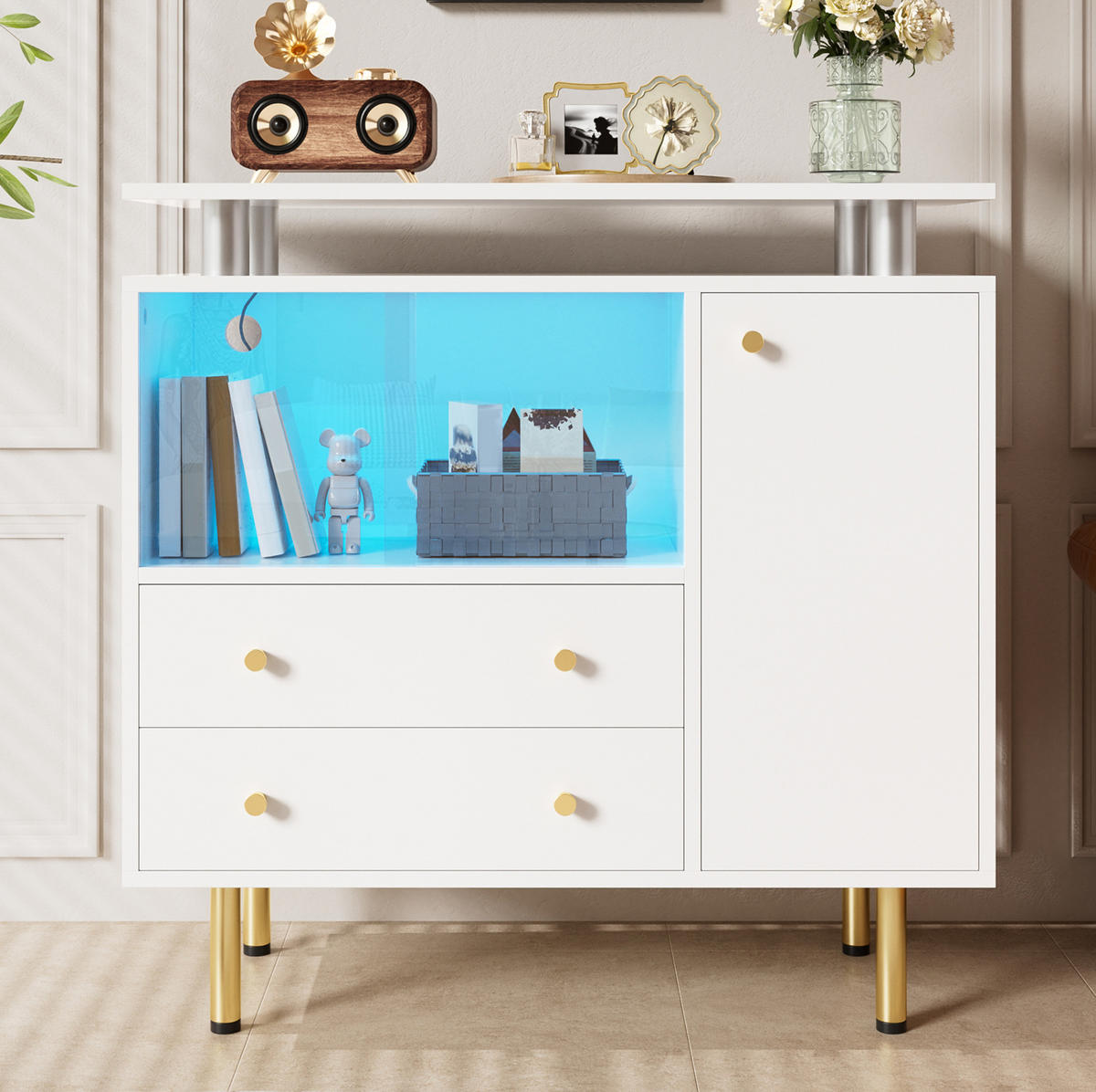 SIDEBOARD in Weiß 80x35x80 cm mit Glastüren, Schubladen und LED-Beleuchtung - Weiß, Holzwerkstoff (35/80/80cm) - IVMEU