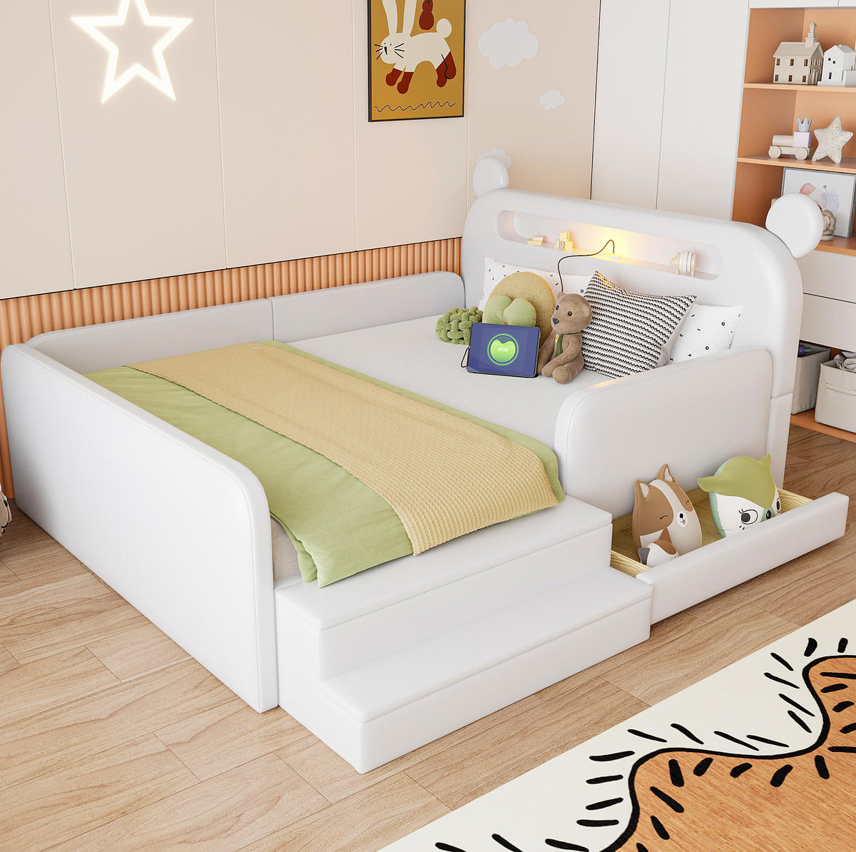 KINDER-POLSTERBETT aus Kunstleder 140x200 cm Weiß mit Bärenkopfteil, Nachtlicht, USB-Anschluss und Stauraum - Weiß, Textil (140/200cm) - Modfu