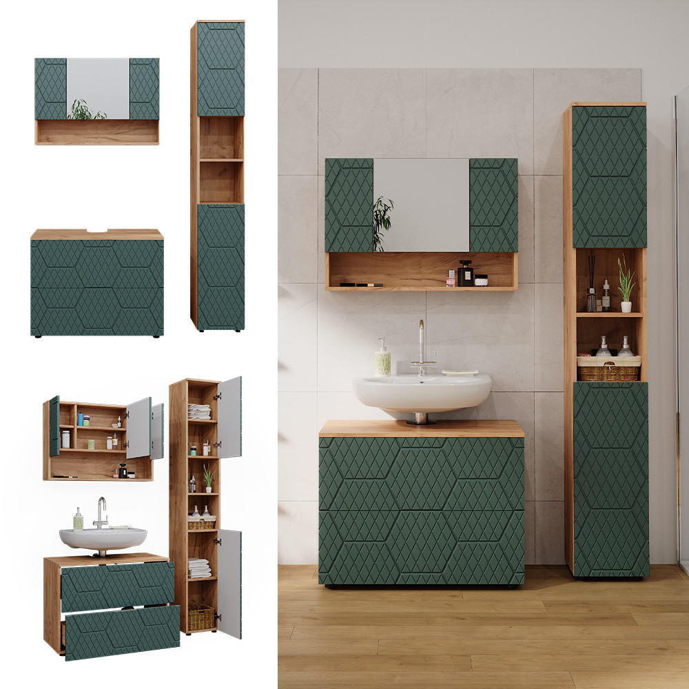 BADMÖBEL-SET Irma Grün 3 Teile, mit Spiegelschrank 80 cm - Eiche Wotan/Grün, Holzwerkstoff (80/58.6/41cm) - Vicco