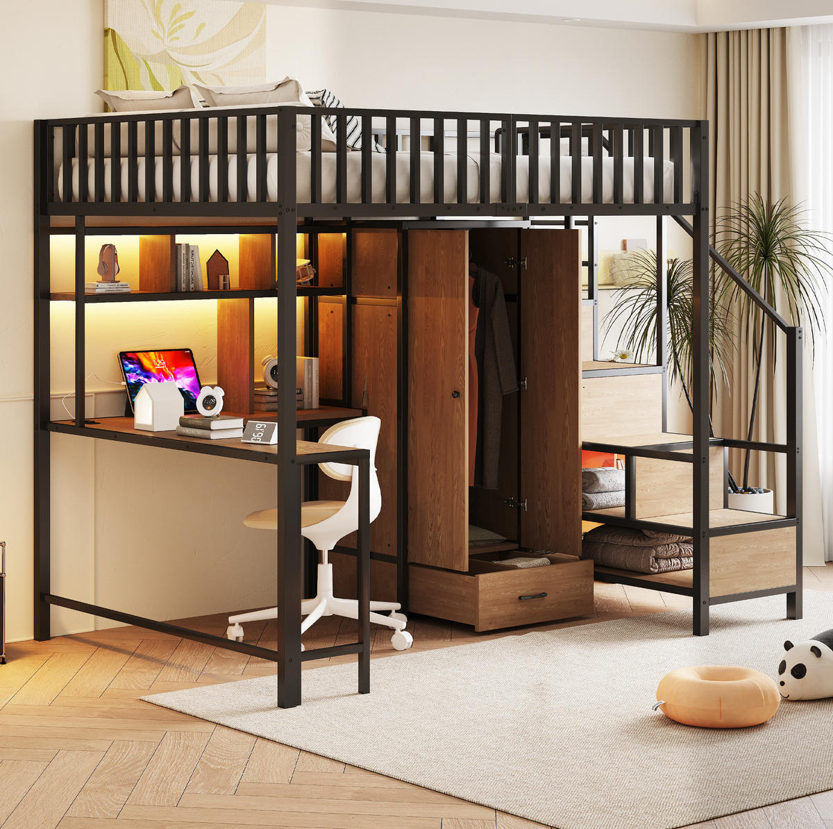 HOCHBETT 140/200 cm in Schwarz mit Schreibtisch, Kleiderschrank und LED-Beleuchtung - Schwarz, Metall (140/200cm) - Flora Grace