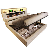 SAMT-POLSTERBETT 140/200 cm mit Bettkasten, LED-Beleuchtung und USB-Ladestation - Beige, Textil (140/200cm) - BEAOK