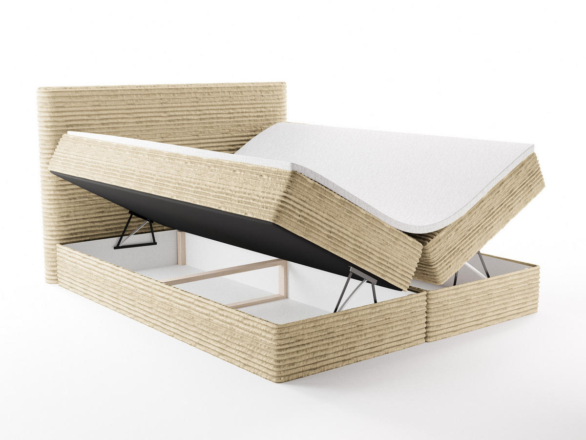 BOXBETT RAVENO mit Bettkasten 200x200 cm inkl. Bonell-Federkernmatratze H3 und Topper – Polsterbett Stoff ASTI Taupe - Taupe, Textil (200/200cm) - Luxkor24