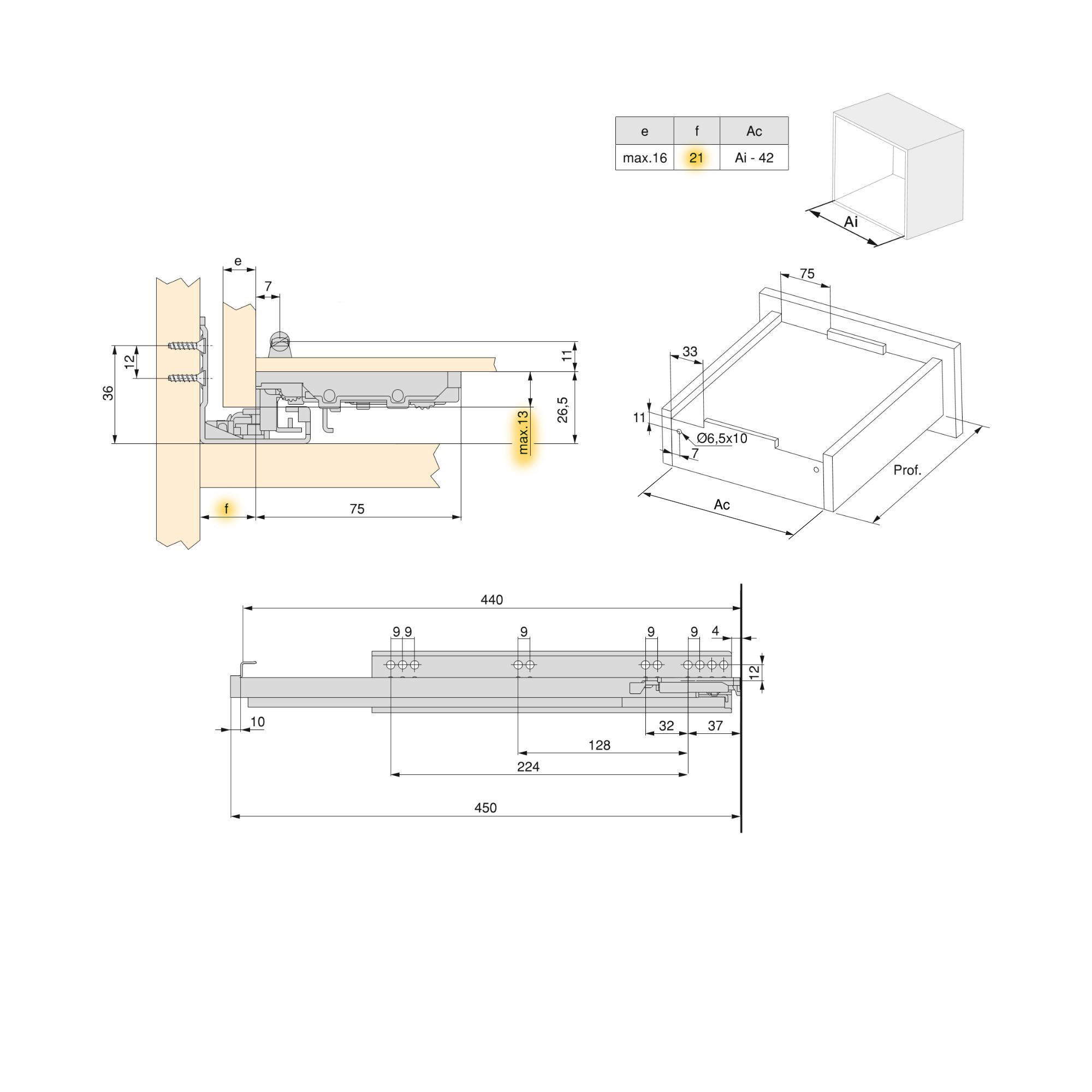 UNTERFLURFÜHRUNGEN Silver, Vollauszug, mit Schließautomatik und Halterung, Tiefe 440mm, Stahl, Verzinkt - Zinkfarben, Metall (2.65/4/45cm) - EMUCA