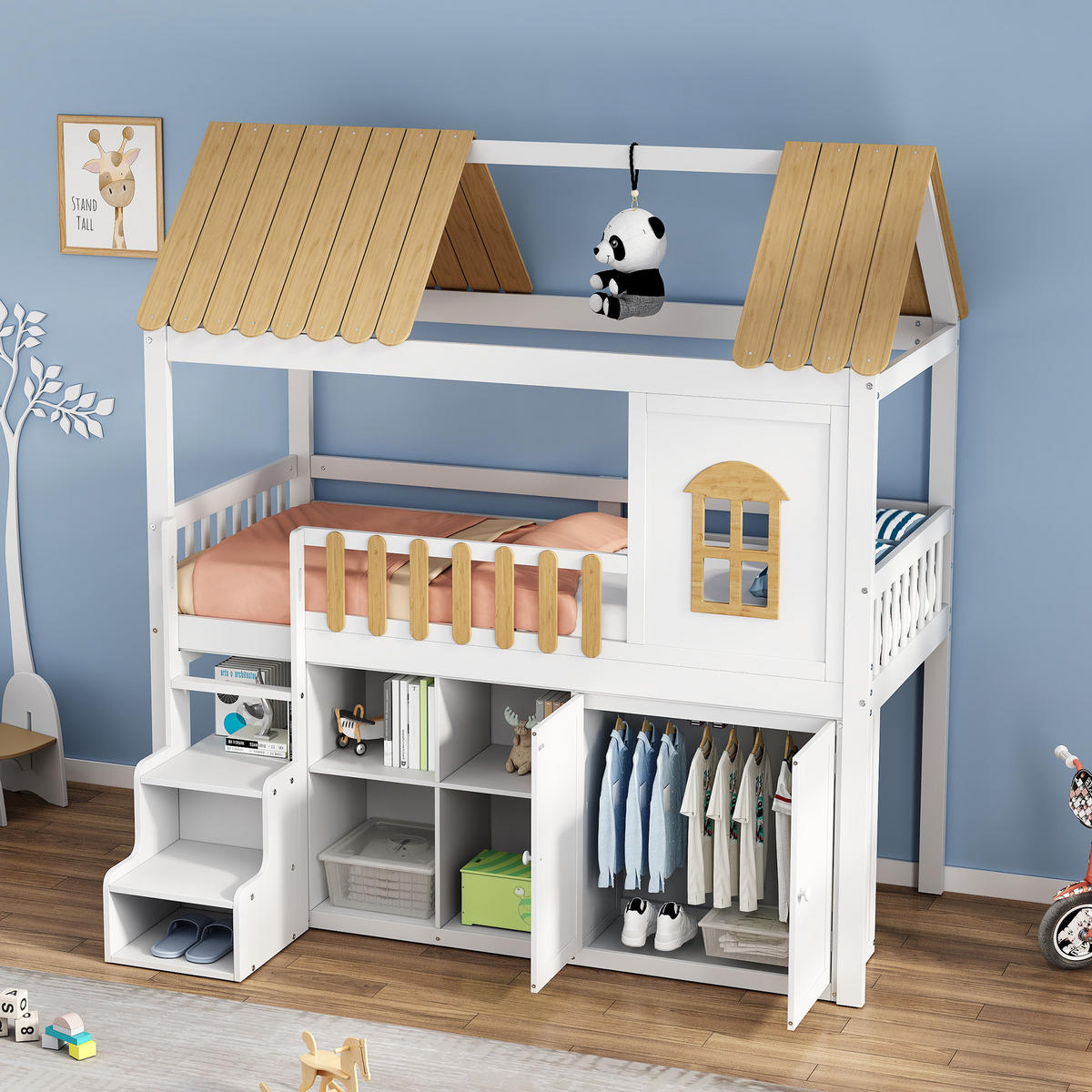ETAGENBETT 90/200 cm in Weiß & Natur mit Schrank, Regal und Fenster aus Kiefer & MDF - Weiß/Naturfarben, Holz/Holzwerkstoff (90/200cm) - CHICFURN