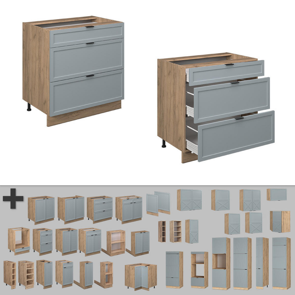 KÜCHENUNTERSCHRANK Fame-Line Hellblau-grau 80 cm mit 3 Schubladen AP Anthrazit - Honigeiche/Eiche Wotan, Holzwerkstoff (80/82/60cm) - Vicco