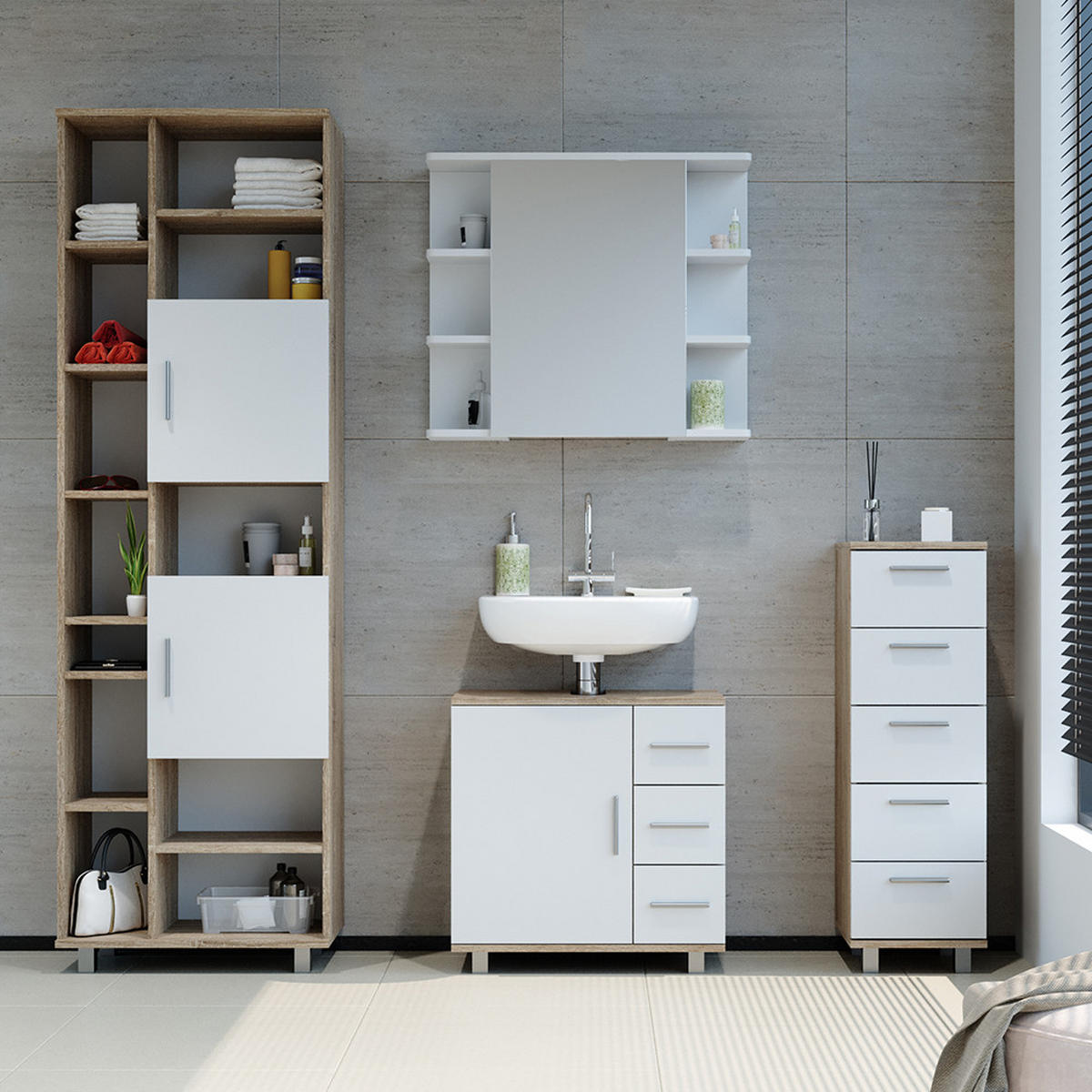 BADSCHRANK Ilias Sonoma 30 x 95 cm - Weiß/Sonoma Eiche, Holzwerkstoff (30/95/30cm) - Vicco