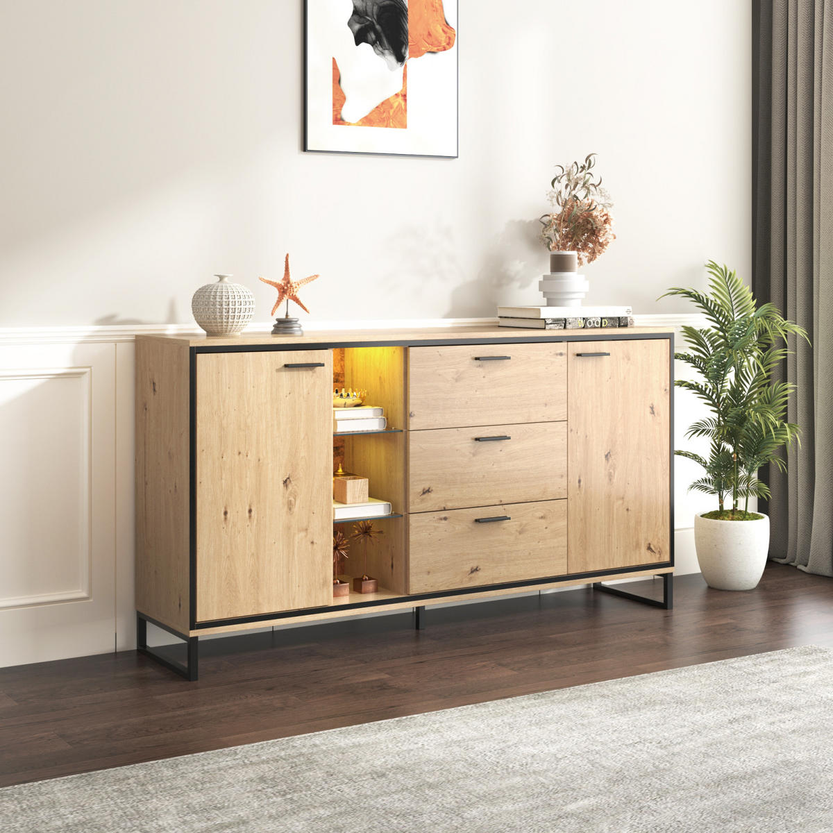 SIDEBOARD Naturfarben, 3 Schubladen, 2 Türen, verstellbarer Boden - Kastanienfarben, Holz (160/85/40cm)