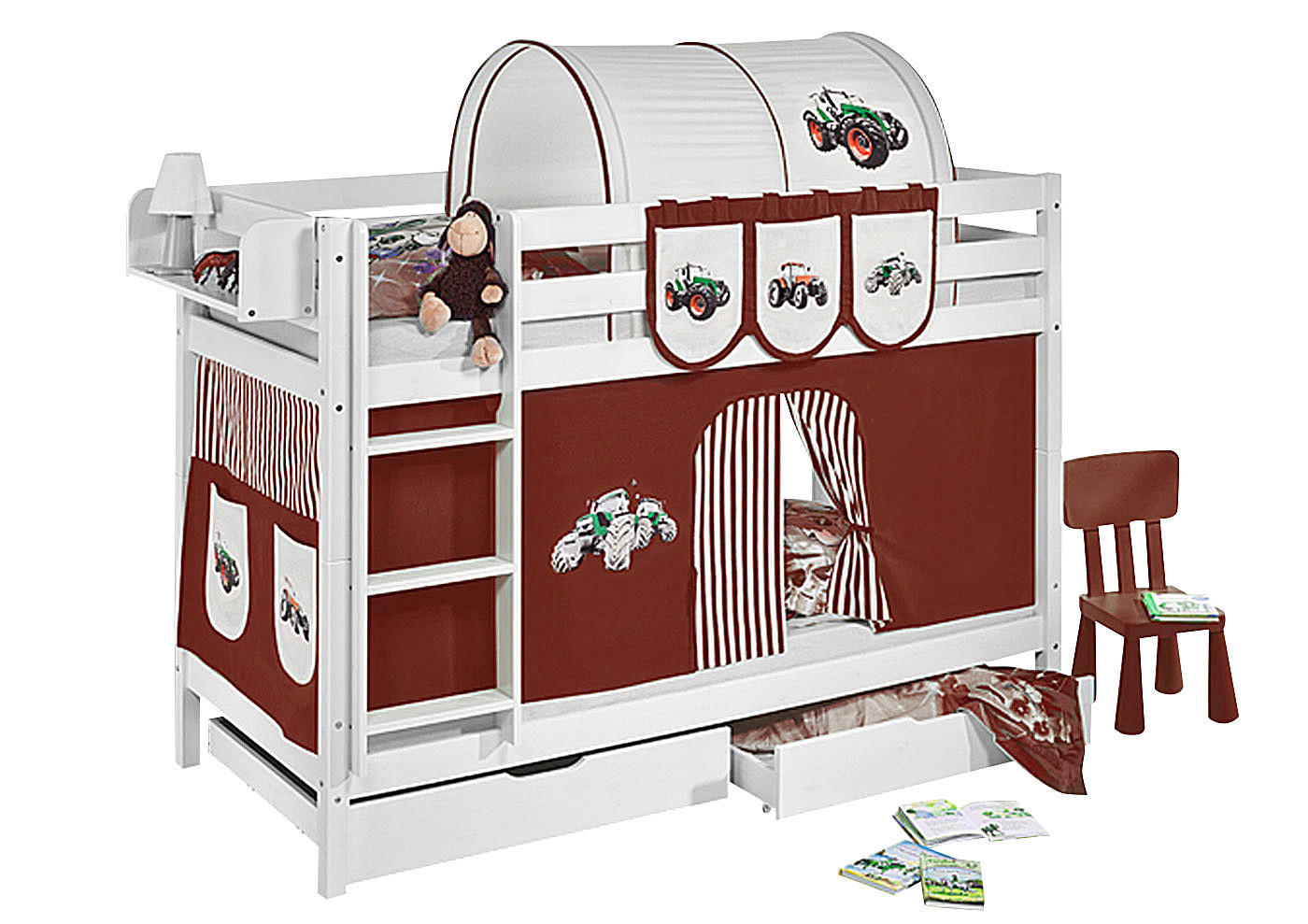 ETAGENBETT JELLE 90x200 cm Trecker braun - Hochbett - inkl. Vorhang und 2 Lattenrosten - Weiß, Holz - Lilokids