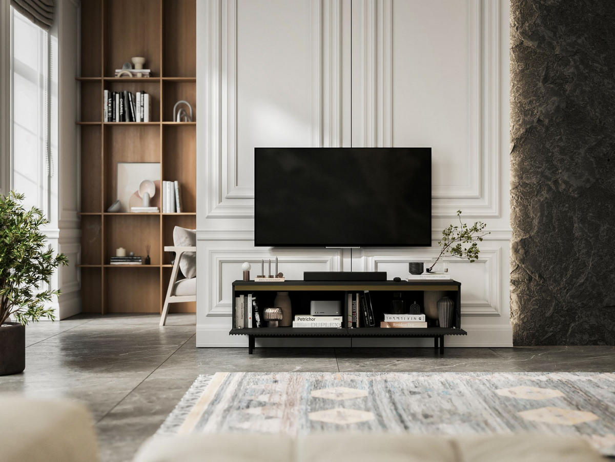 TV-SCHRANK Selene Schwarz Matt mit Metallrahmen 140 cm - Schwarz, Holzwerkstoff (140/44/35cm) - Meble Lindner