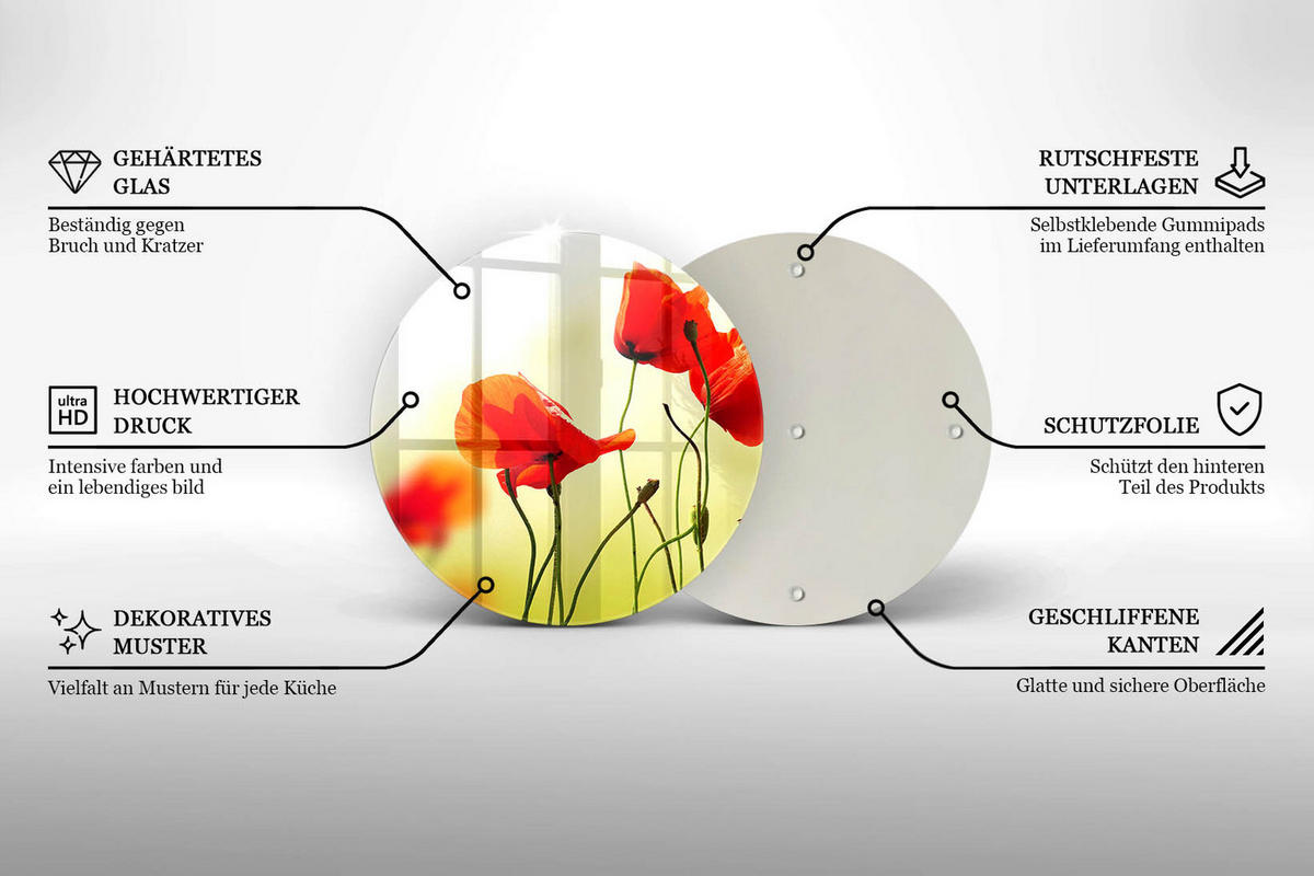 GLASPLATTE Ø 30 cm Rote Blumen - Hellgelb, Glas (30/30cm) - Wallfluent