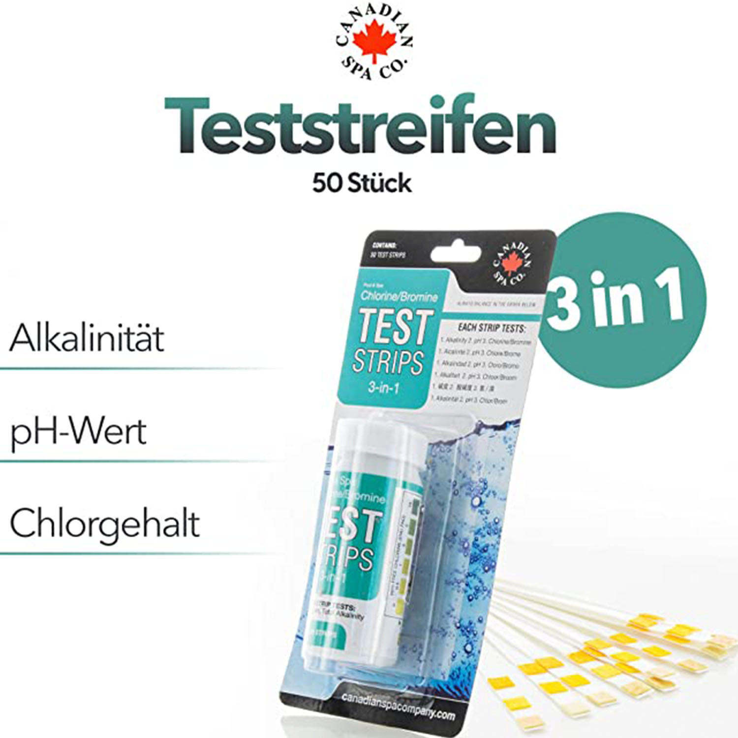 WHIRLPOOL-REINIGUNG 3-in-1 Teststreifen (50 Stück) - Weiß, Papier (4.5/7.5/4.5cm) - Canadian Spa Company
