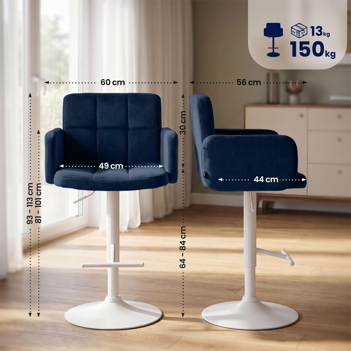 BARHOCKER 2 Samt Blau - Blau/Weiß, Textil/Metall (60/93/56cm) - CLP