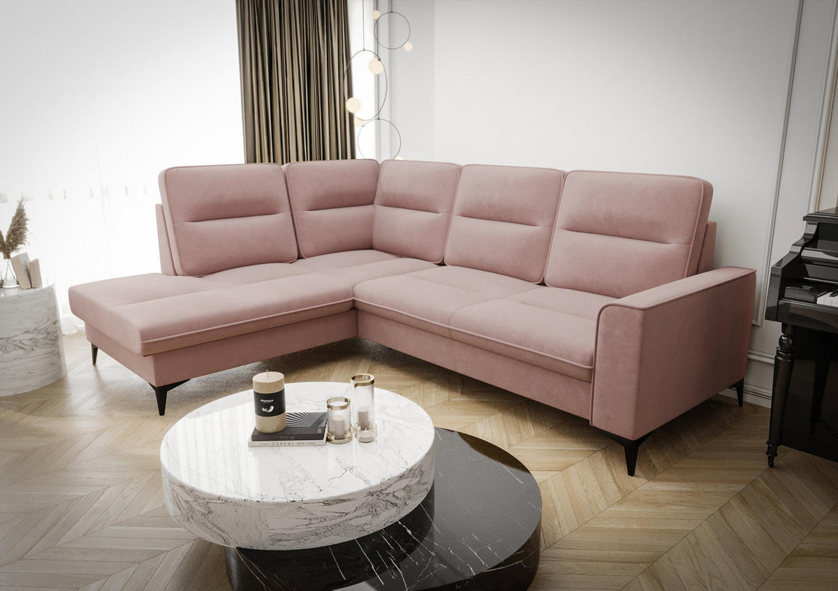 ECKSOFA KONGO RBN14, Eckcouch in L-Form mit Schlaffunktion, Farbe: Rosa, Velourstoff, Ottomane Links - Rosa, Textil (260/200cm) - O-Sofa