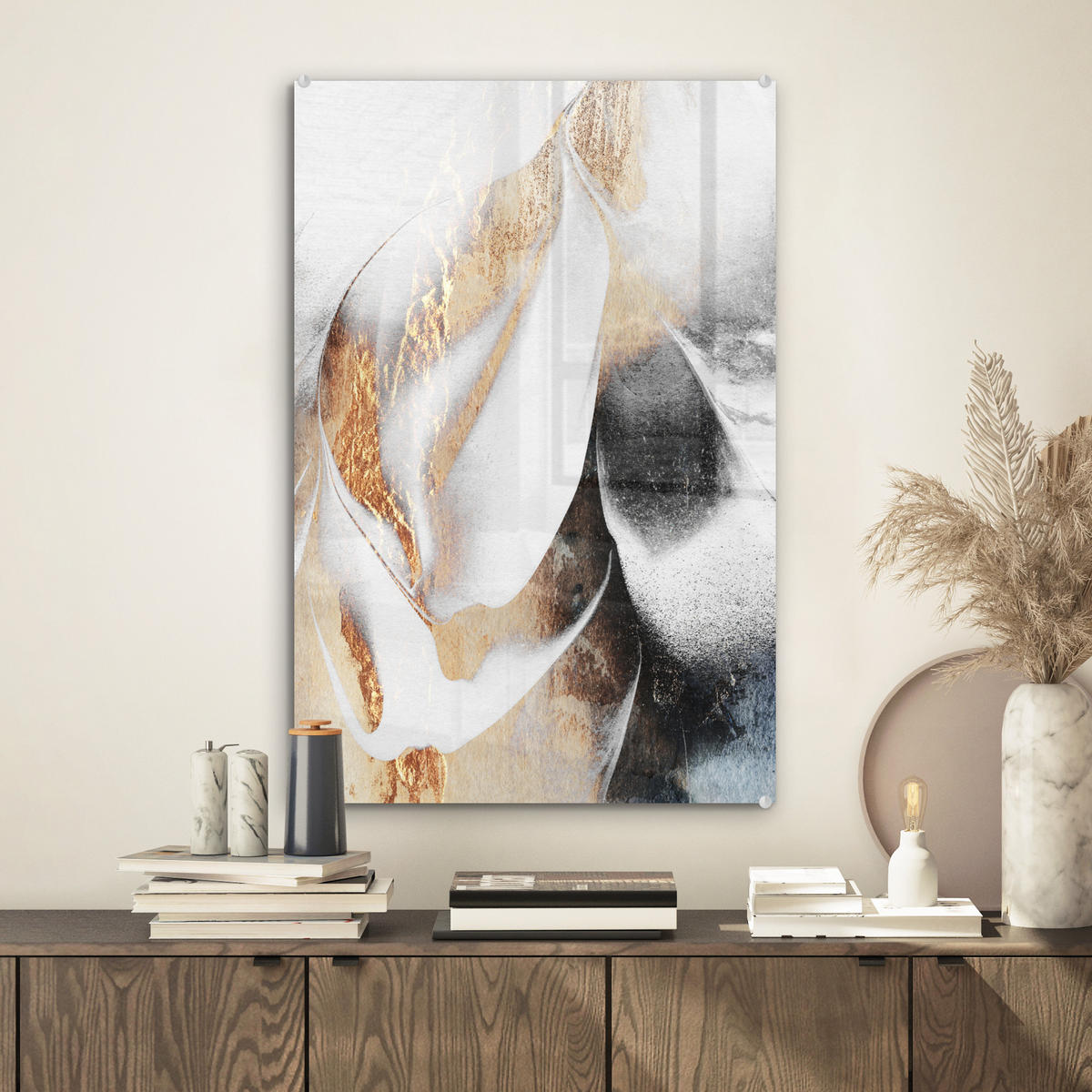 ACRYLGLASBILD Luxus - Abstrakt - Gold - Weiß 40x60 cm - Goldfarben, Glas (40/60cm) - MuchoWow
