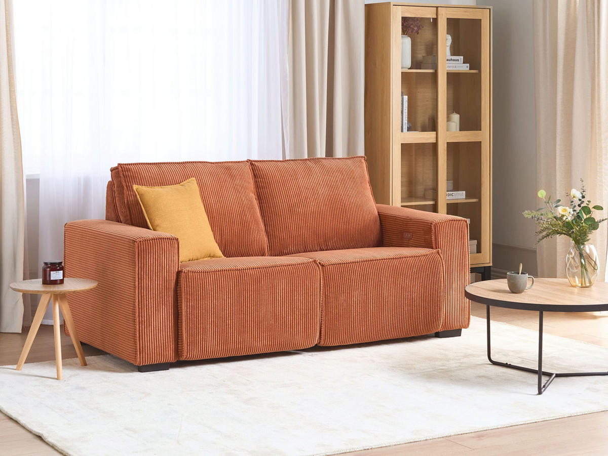 3-SITZER-SOFA Cord orange elektrisch verstellbar Nukari - Schwarz/Orange, Textil (190/93/92cm) - Beliani