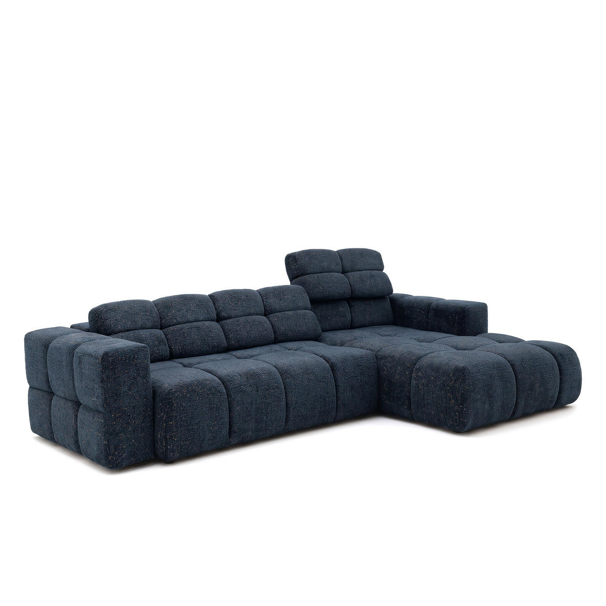 ECKSOFA TENDER Rechts mit Schlaffunktion und Verstellbare Kopfstützen, Chenille dunkelblau - Schwarz/Dunkelblau, Holz/Kunststoff (176/315cm) - Muffo
