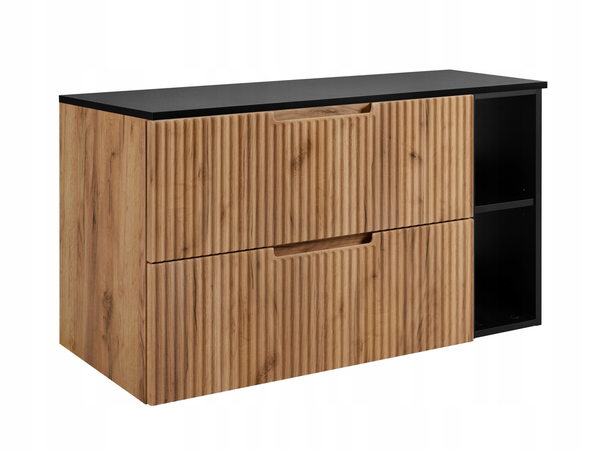 WASCHBECKUNTERSCHRANK VENA 80 cm mit Arbeitsplatte Farbe: Matt Schwarz mit einem Regal Gerillte Vorderseite Eichen Craft - Eichefarben/Schwarz, Holzwerkstoff (80/58/46cm) - Rodan