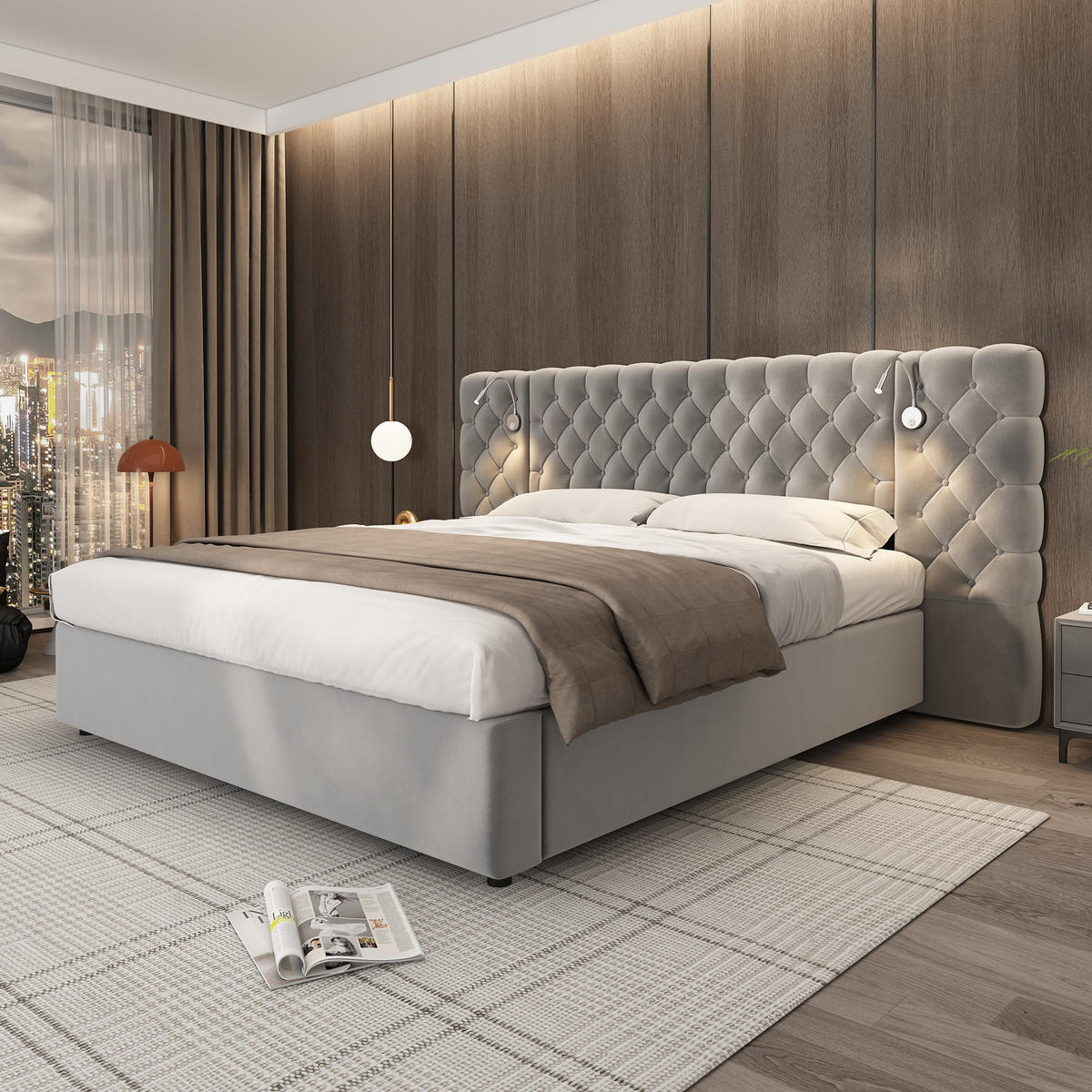 POLSTERBETT 180 x 200 cm in Samt mit LED-Beleuchtung - Grau, Holz/Textil (180/200cm) - KOMHTOM