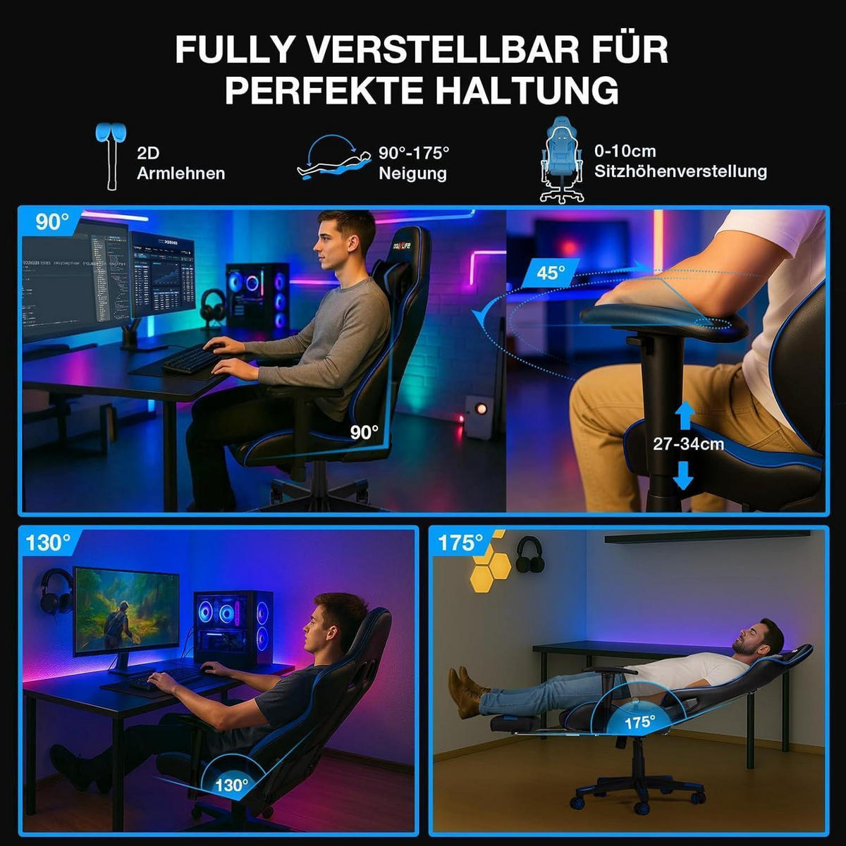 GAMING Stuhl mit Massagefunktion und Fußstütze Schwarz Blau - Multicolor, Kunststoff (32/55/82cm)