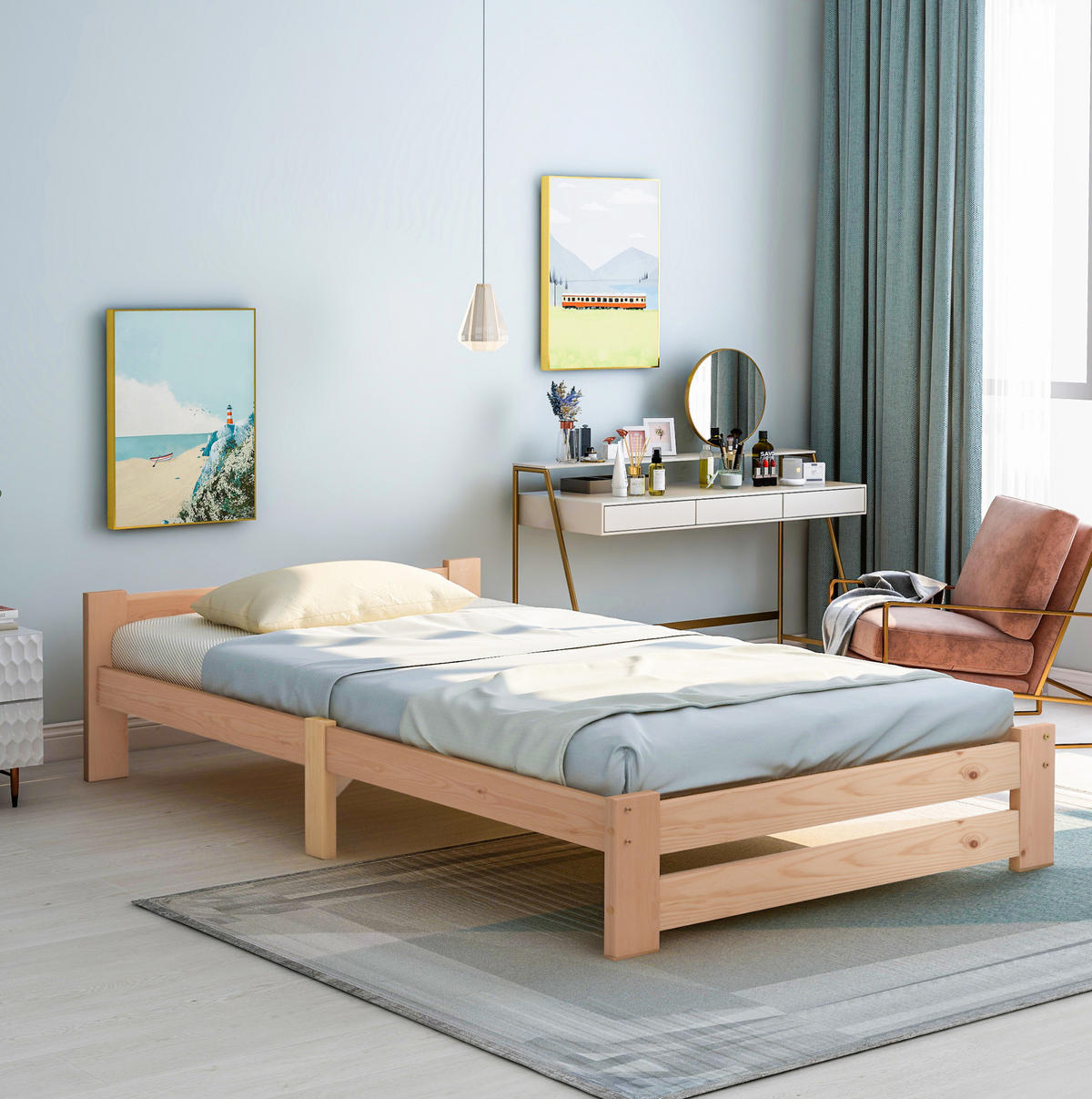 POSTEL 90/200 cm přírodní z masivního dřeva s čelem a lamelovým roštem - přírodní, dřevo (90/200cm) - OKWISH