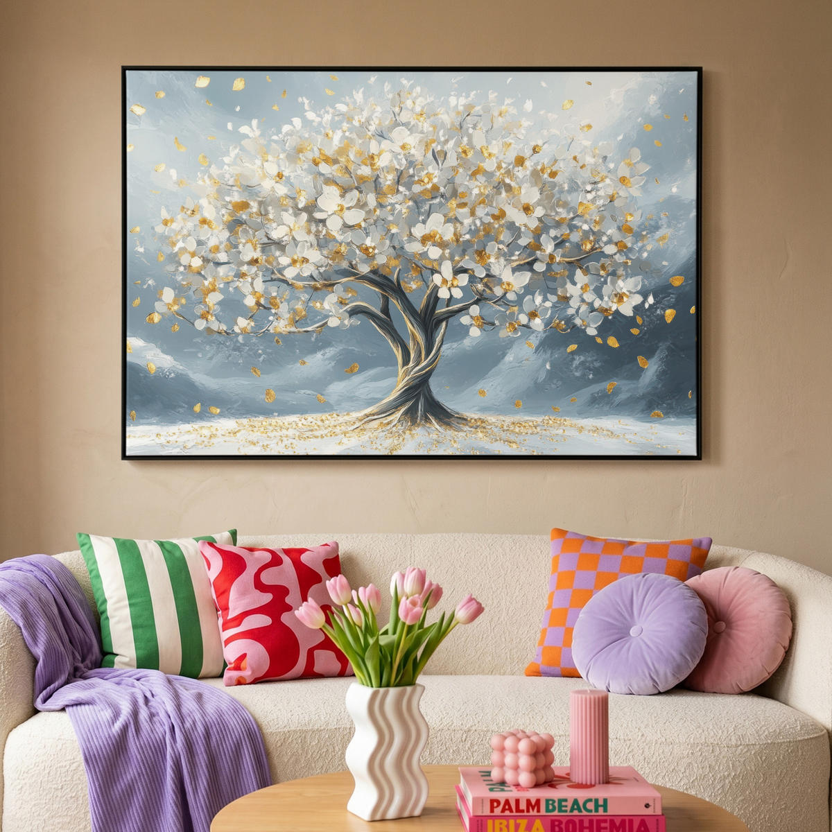 LEINWAND Bilder mit Rahmen - Baum - Winter - Baum des Lebens - Modern - Gold - 140x90 - Goldfarben, Textil (140/90cm) - MuchoWow